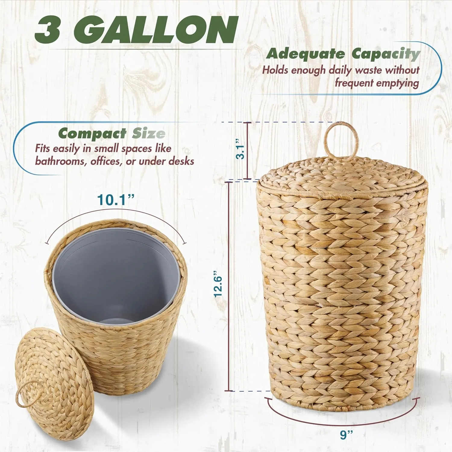 BLUEWEST Wicker Trash Can with Lid and Removable Liner, Wicker Rattan Bathroom Trash Can, Large Woven Bin for Office, Hyacinth Waste Basket for Home Kitchen (Natural, 3 Gallons)