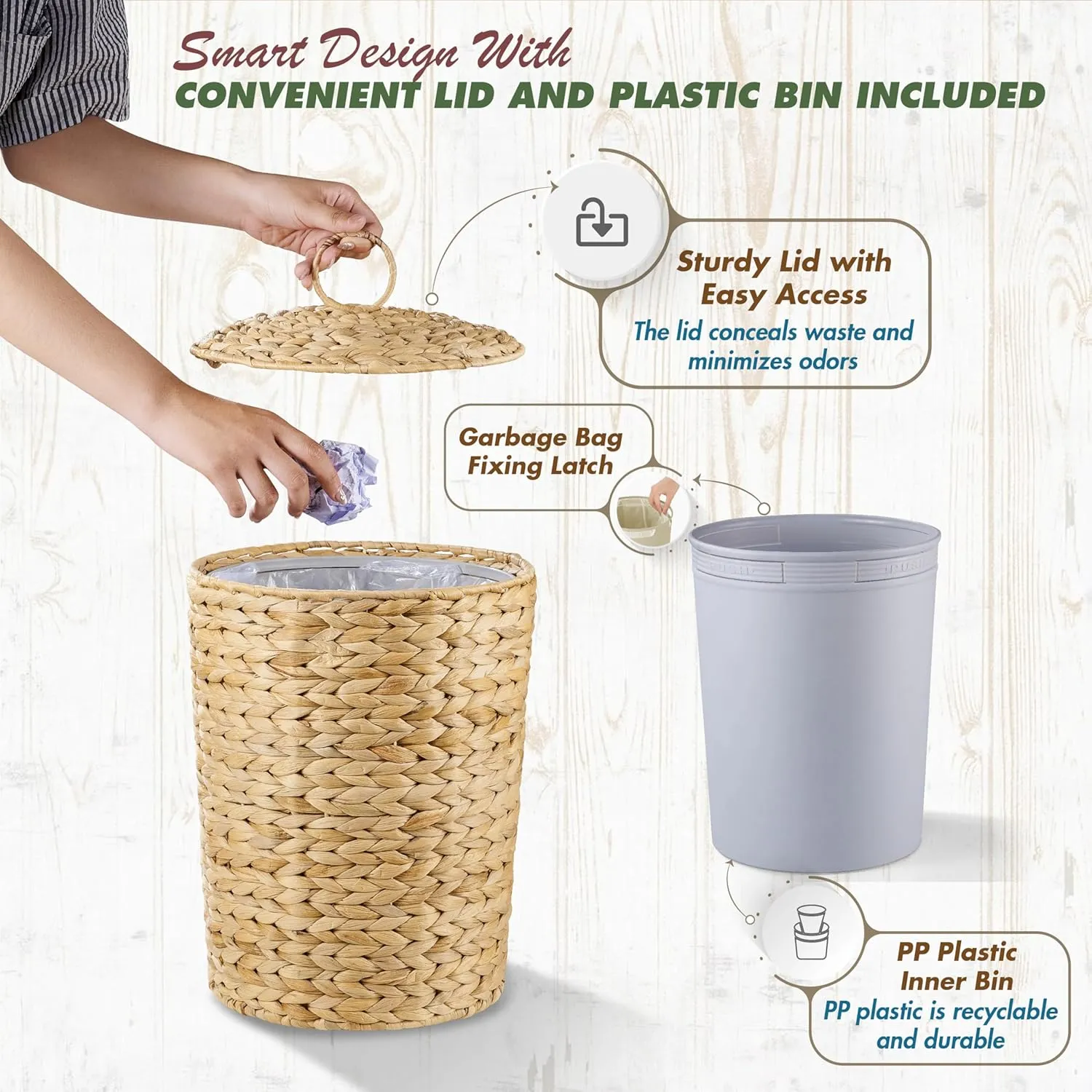 BLUEWEST Wicker Trash Can with Lid and Removable Liner, Wicker Rattan Bathroom Trash Can, Large Woven Bin for Office, Hyacinth Waste Basket for Home Kitchen (Natural, 3 Gallons)