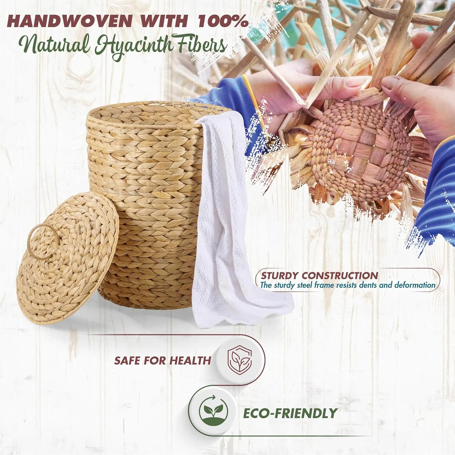 BLUEWEST Wicker Trash Can with Lid and Removable Liner, Wicker Rattan Bathroom Trash Can, Large Woven Bin for Office, Hyacinth Waste Basket for Home Kitchen (Natural, 3 Gallons)