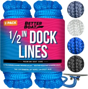 Boat Dock Lines, 1/2 Inch Braided Nylon Rope, 25 ft Mooring Marine Docking Lines with Loop, Blue, 2 Pack