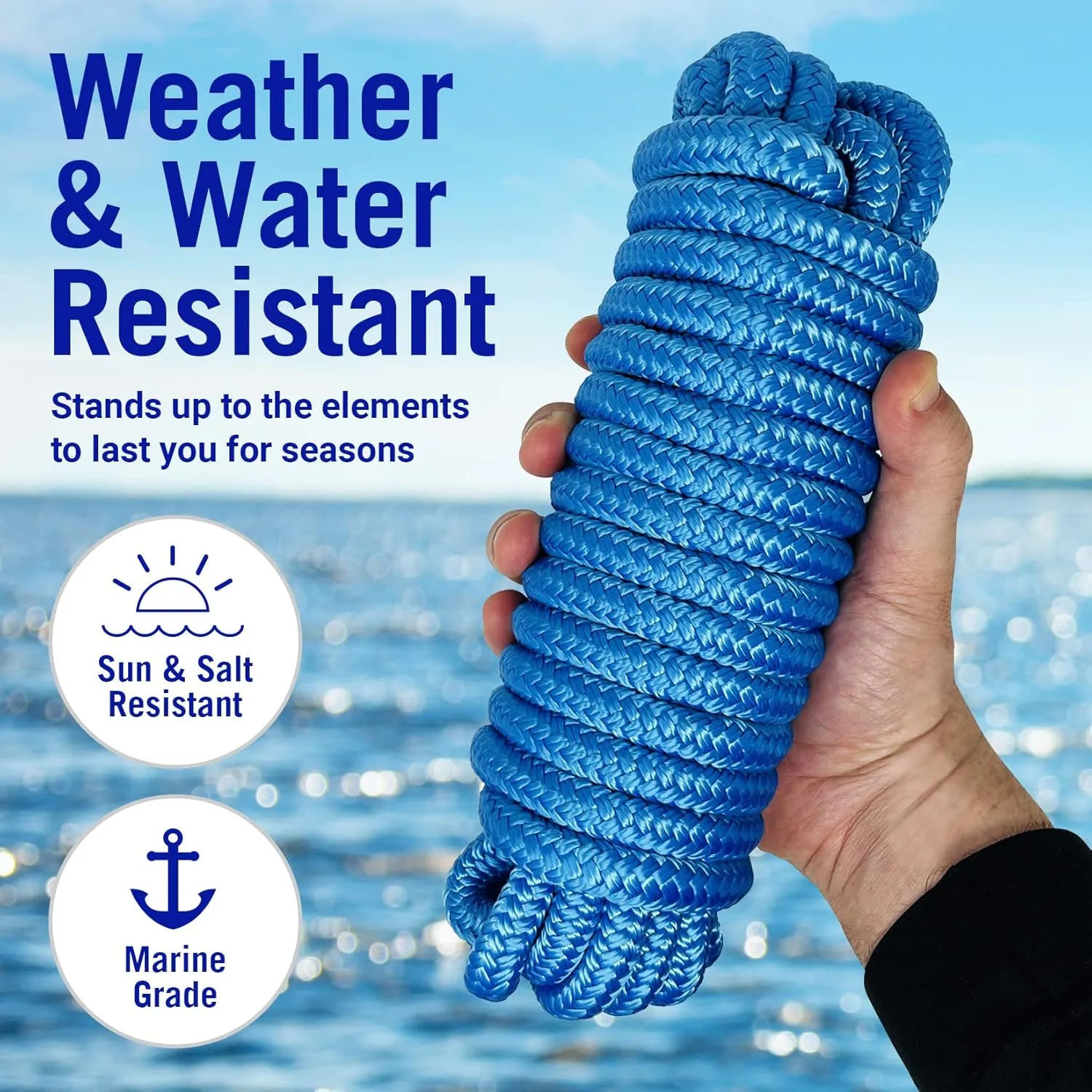 Boat Dock Lines, 1/2 Inch Braided Nylon Rope, 25 ft Mooring Marine Docking Lines with Loop, Blue, 2 Pack