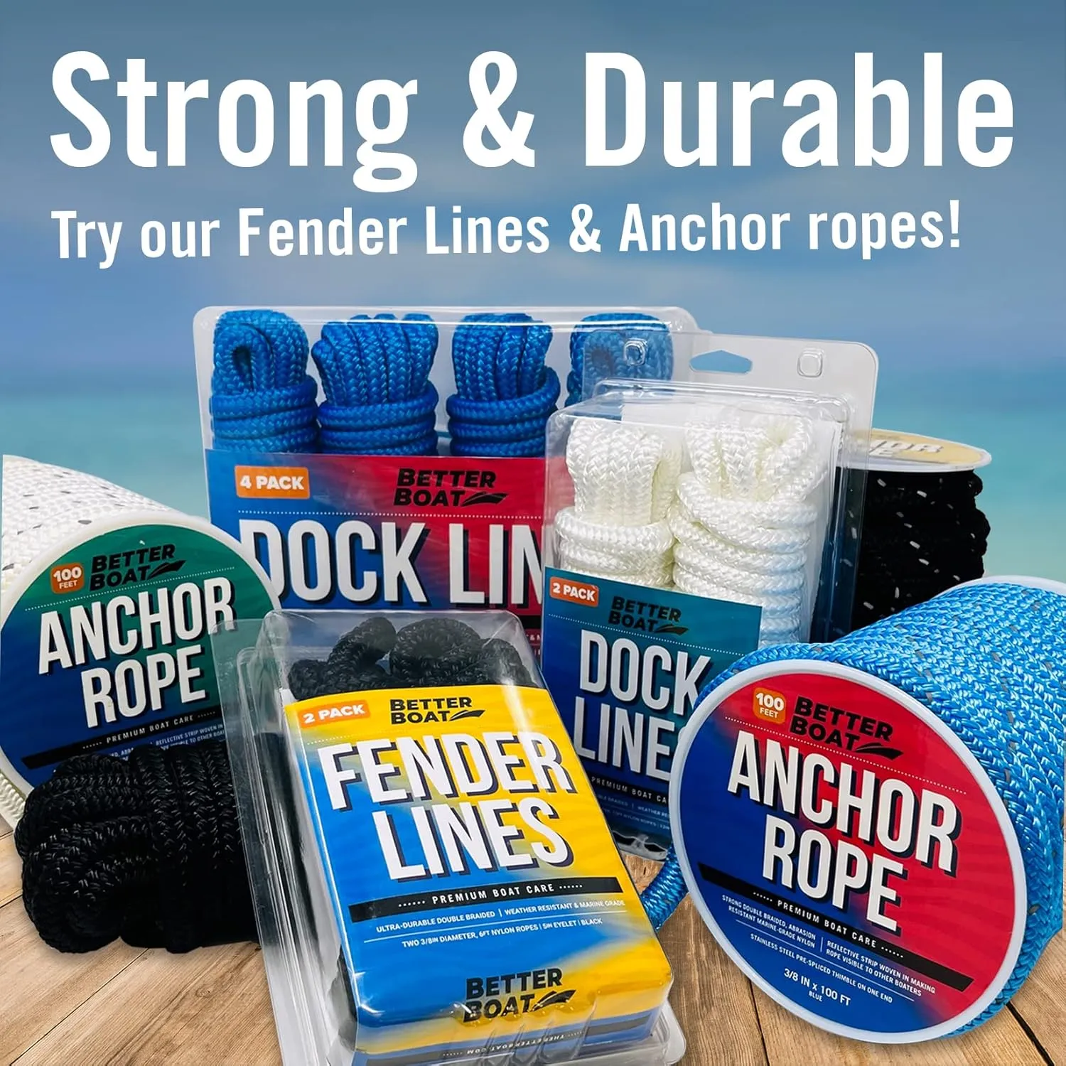 Boat Dock Lines, 1/2 Inch Braided Nylon Rope, 25 ft Mooring Marine Docking Lines with Loop, Blue, 2 Pack