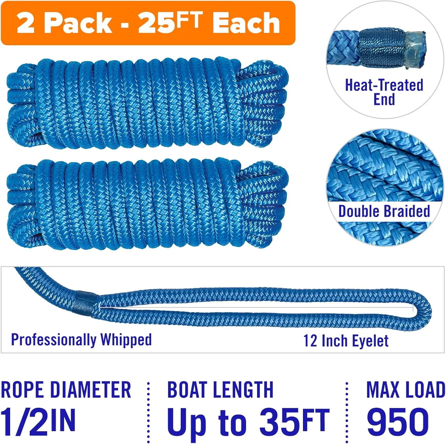 Boat Dock Lines, 1/2 Inch Braided Nylon Rope, 25 ft Mooring Marine Docking Lines with Loop, Blue, 2 Pack