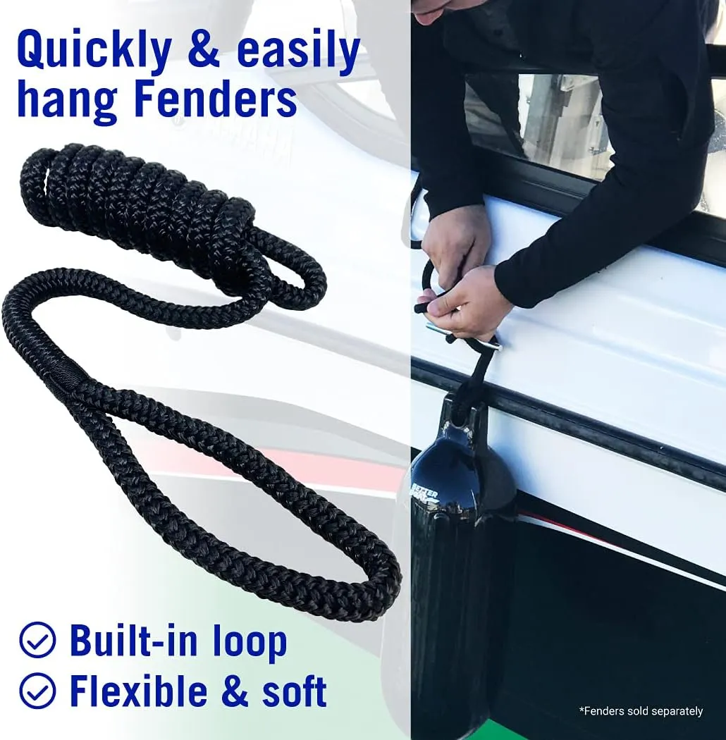Boat Fender Lines, 3/8 Inch Double Braided Nylon Rope, 6 Ft with Loop, 2 Pack, Black, for Buoy, Jet Ski Mooring, Docking & Small Boat Bumpers