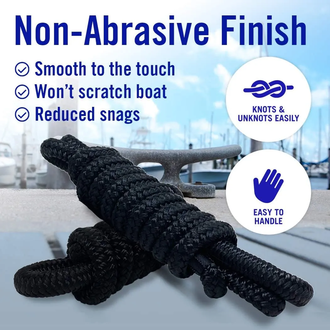 Boat Fender Lines, 3/8 Inch Double Braided Nylon Rope, 6 Ft with Loop, 2 Pack, Black, for Buoy, Jet Ski Mooring, Docking & Small Boat Bumpers