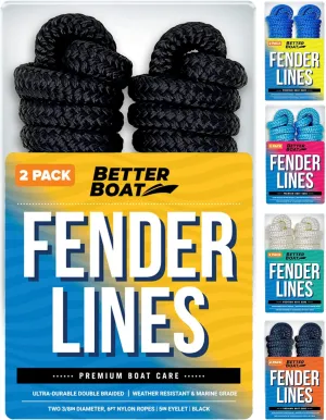 Boat Fender Lines, 3/8 Inch Double Braided Nylon Rope, 6 Ft with Loop, 2 Pack, Black, for Buoy, Jet Ski Mooring, Docking & Small Boat Bumpers