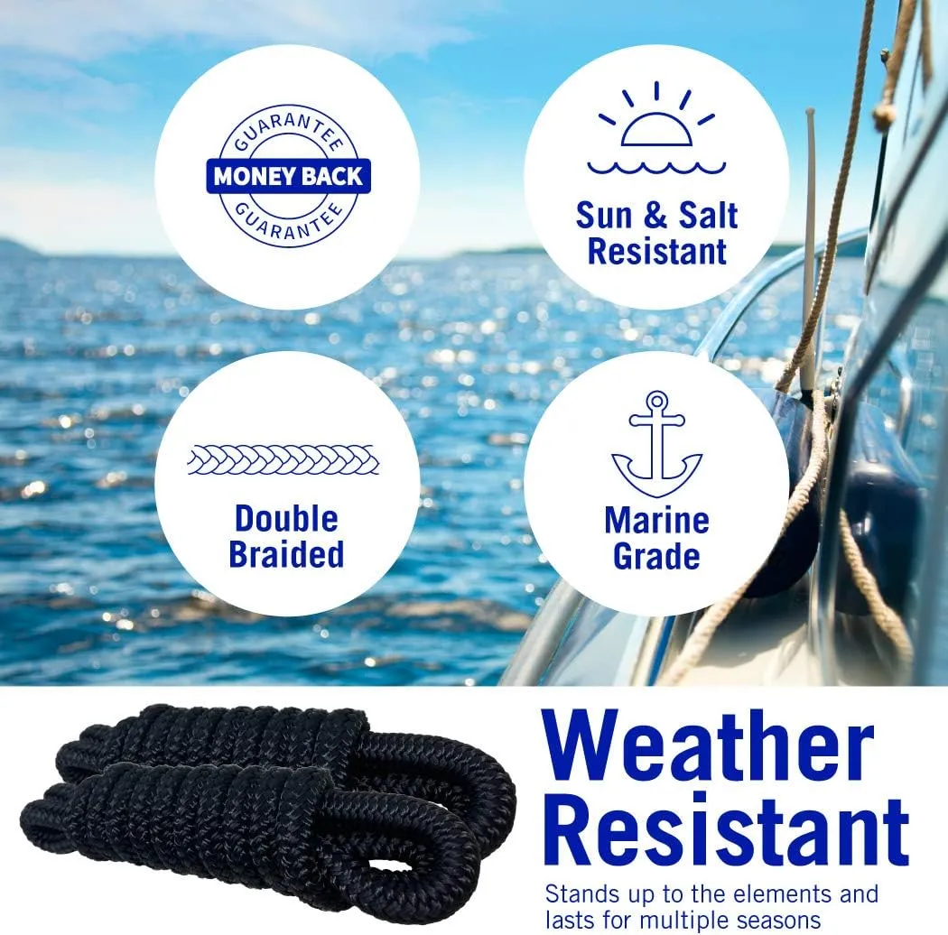 Boat Fender Lines, 3/8 Inch Double Braided Nylon Rope, 6 Ft with Loop, 2 Pack, Black, for Buoy, Jet Ski Mooring, Docking & Small Boat Bumpers