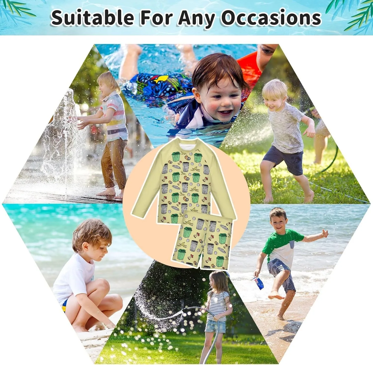 Boys Rash Guard Set Garbage Bin 2 Piece UP50  Swim Set for Boys 3T-10T