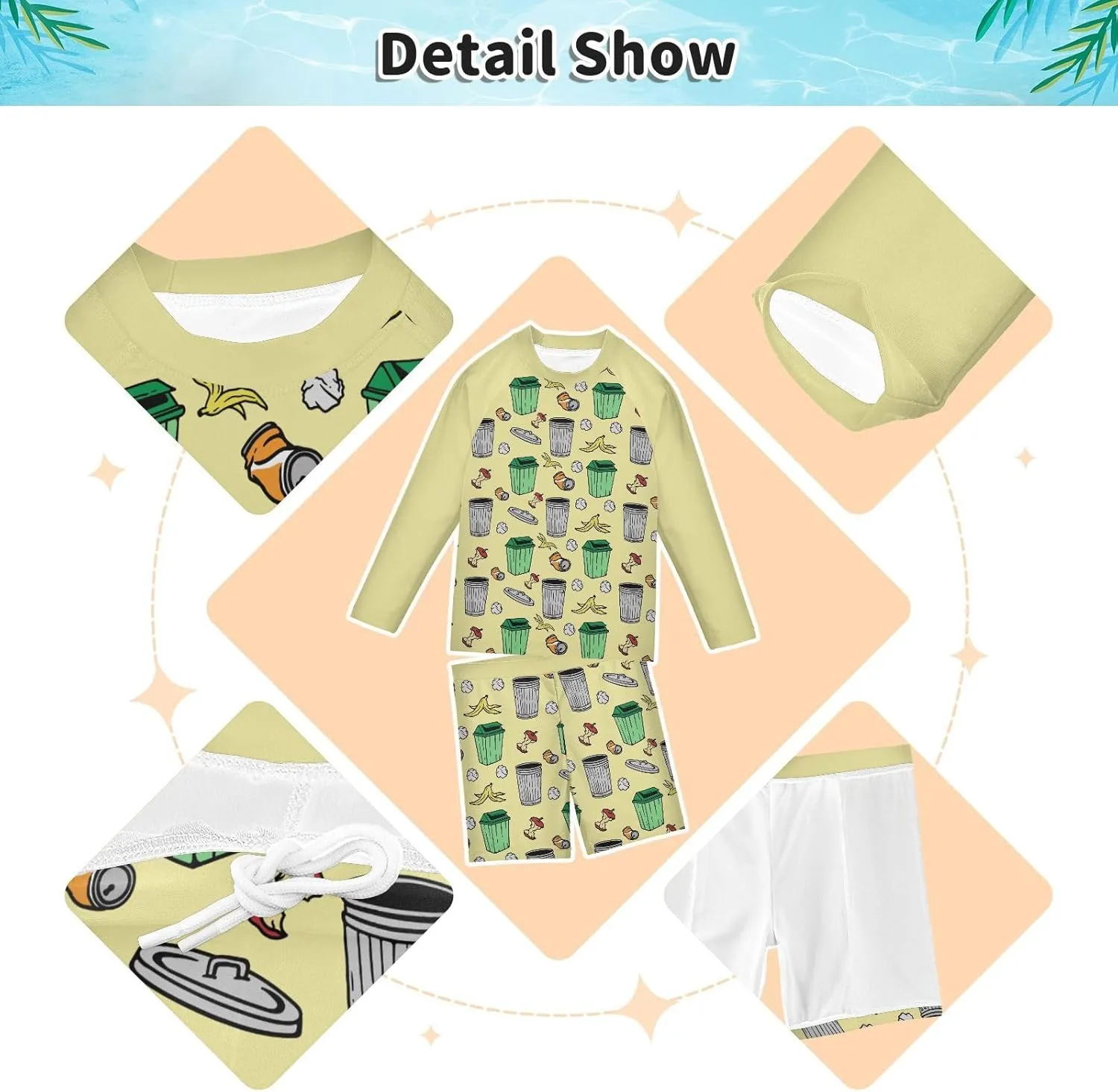 Boys Rash Guard Set Garbage Bin 2 Piece UP50  Swim Set for Boys 3T-10T