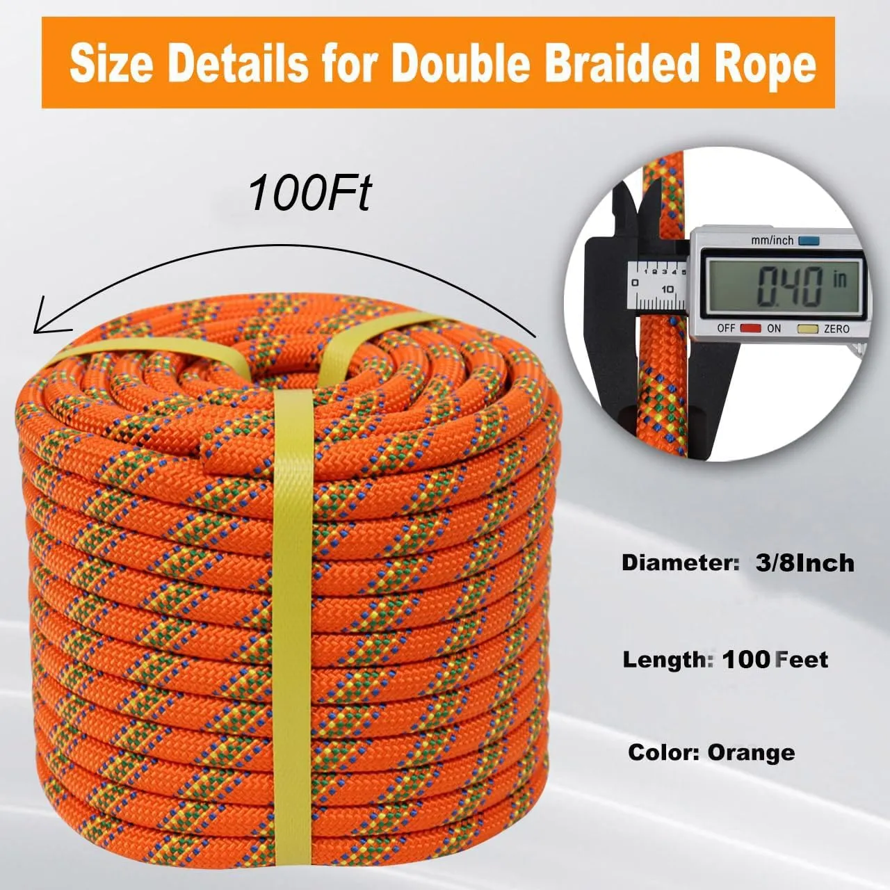 Braided Arborist Rope -3/8 Inch x 100 Feet High Strength Polyester Climbing Rope for Adults & Kids Tree Work, Halyard, Sailing (Orange)