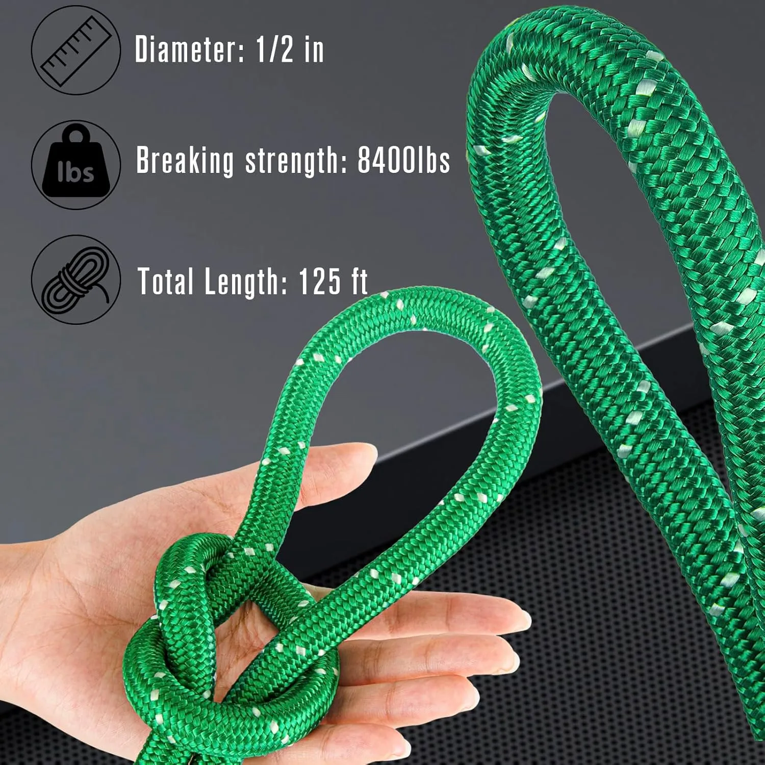 Braided Polyester Rope - 1/2 in x 125 ft Strong Arborist Rigging Rope High Strength Polyester Rope No-Stretch Rope for Climbing Tree Swing Pulling Sailing 8400 Lbs Breaking Strength (Green)
