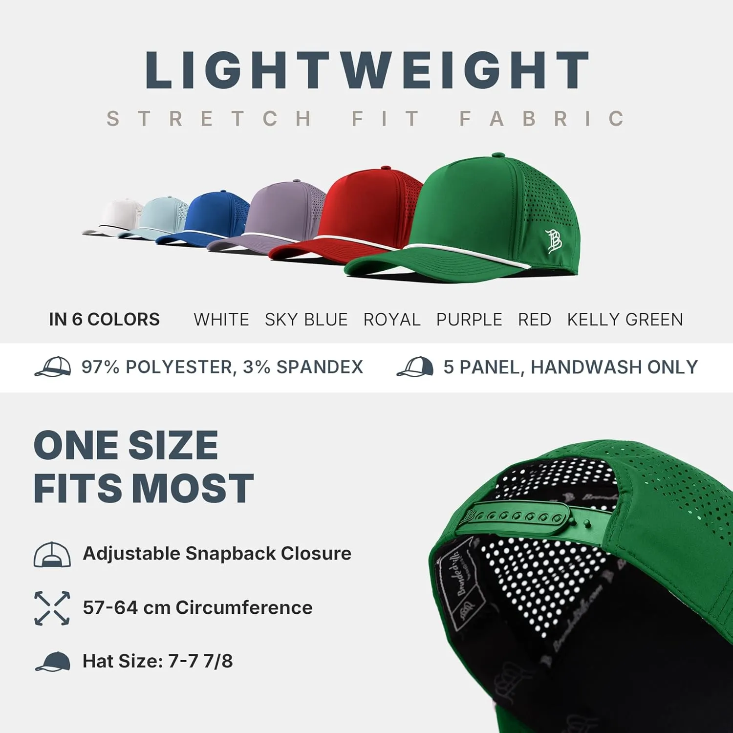 Branded Bills Bare Curved 5 Panel Rope Hat, Adjustable Snapaback, Fitted Style | Lightweight, Comfort Stretch, Quick Dry Cap
