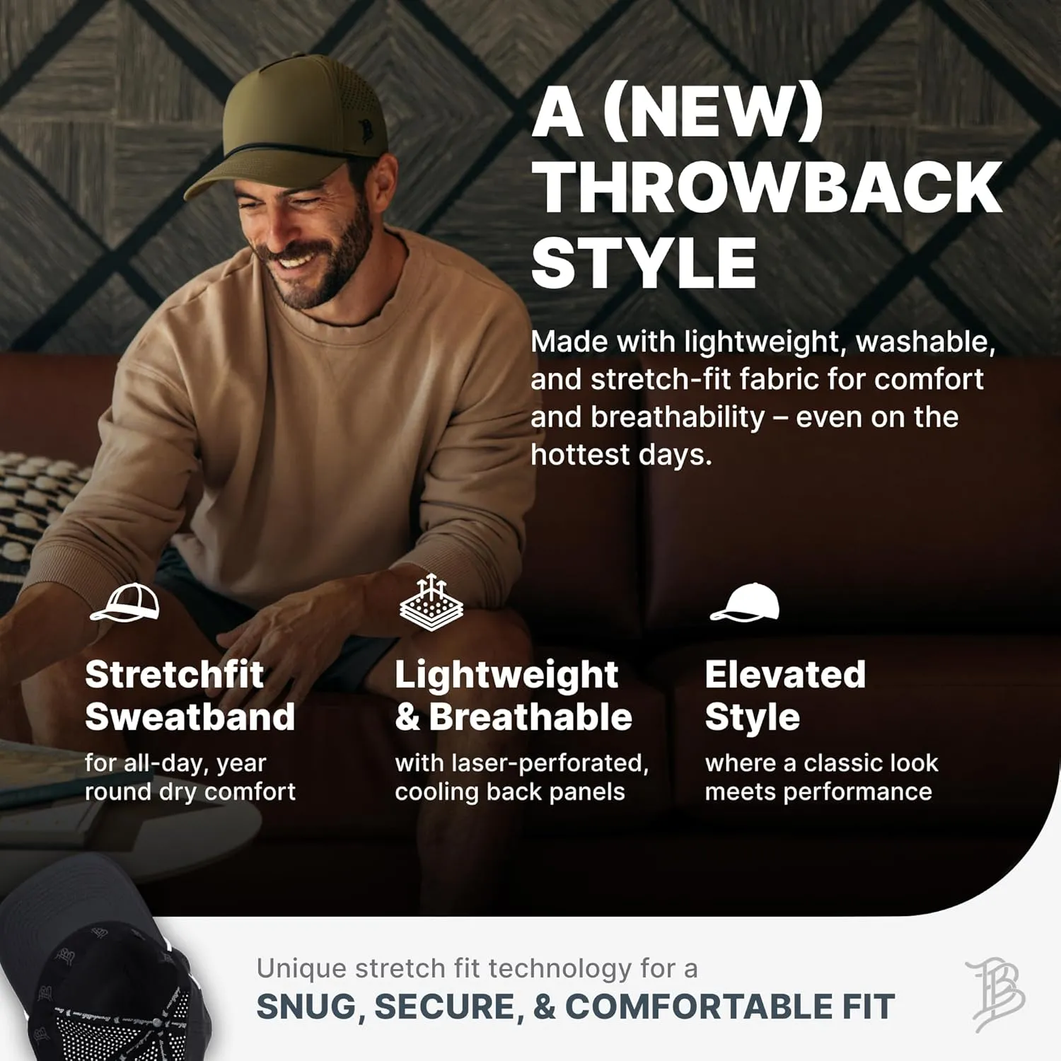 Branded Bills Bare Curved 5 Panel Rope Hat, Adjustable Snapaback, Fitted Style | Lightweight, Comfort Stretch, Quick Dry Cap