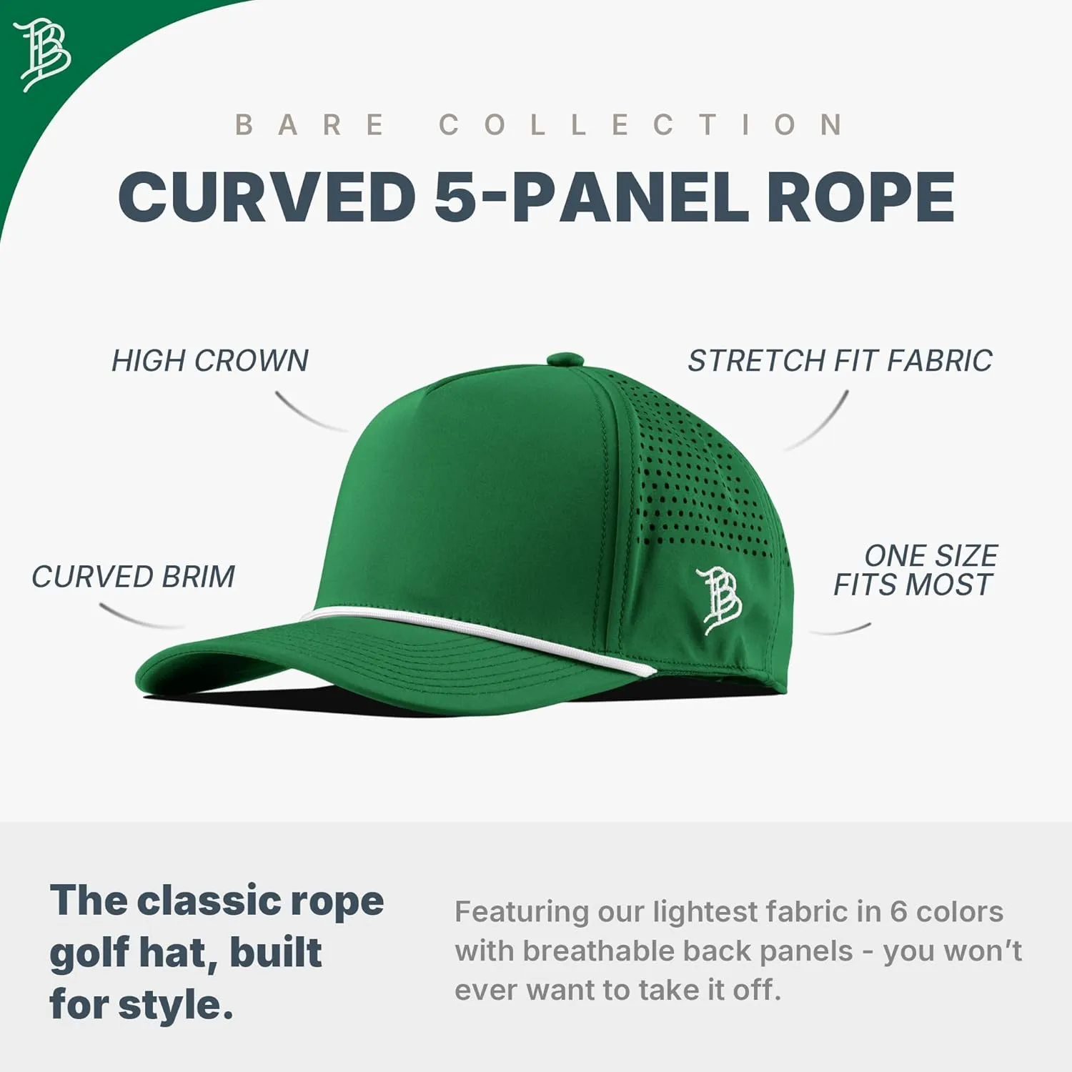 Branded Bills Bare Curved 5 Panel Rope Hat, Adjustable Snapaback, Fitted Style | Lightweight, Comfort Stretch, Quick Dry Cap