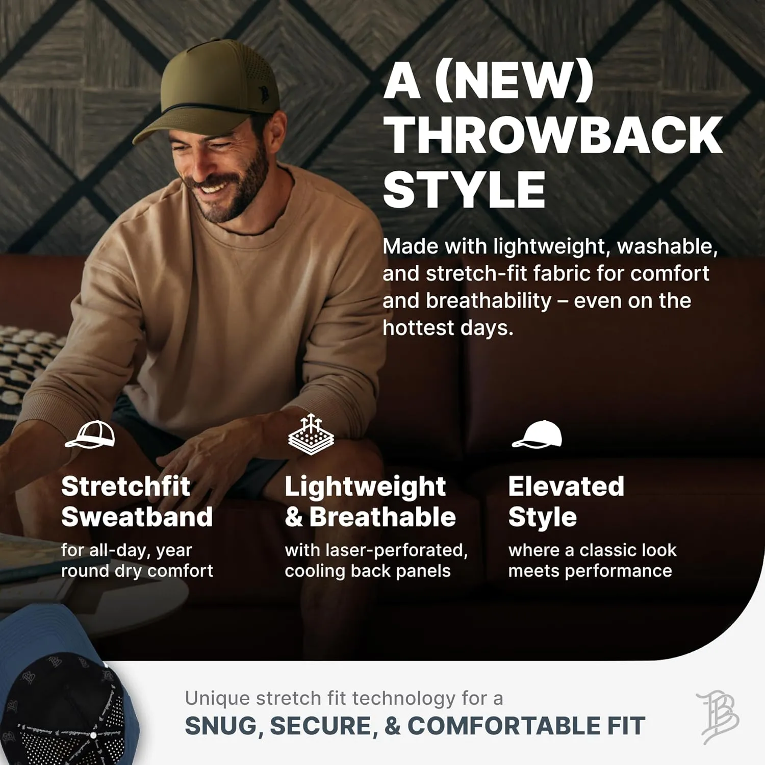 Branded Bills Bare Curved 5 Panel Rope Hat, Adjustable Snapaback, Fitted Style | Lightweight, Comfort Stretch, Quick Dry Cap