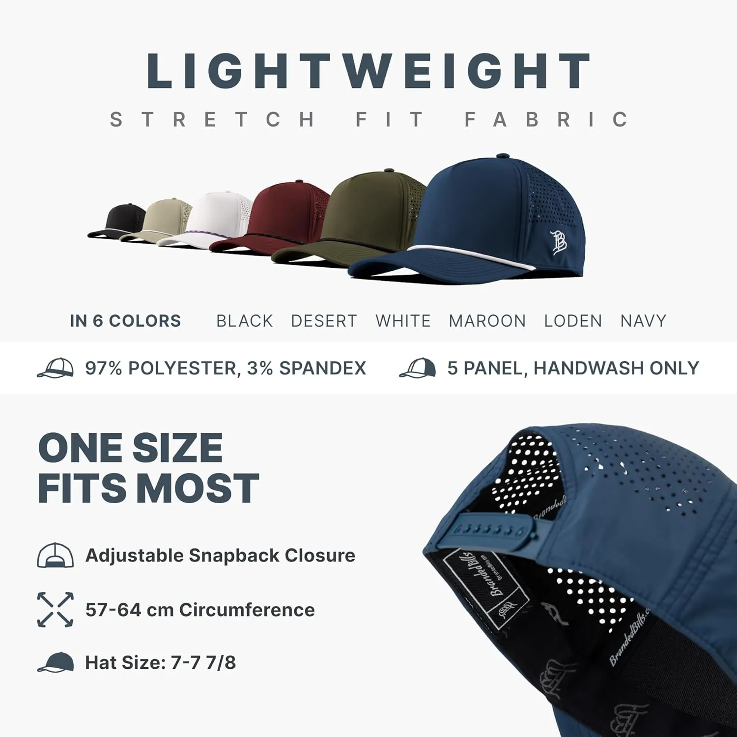 Branded Bills Bare Curved 5 Panel Rope Hat, Adjustable Snapaback, Fitted Style | Lightweight, Comfort Stretch, Quick Dry Cap