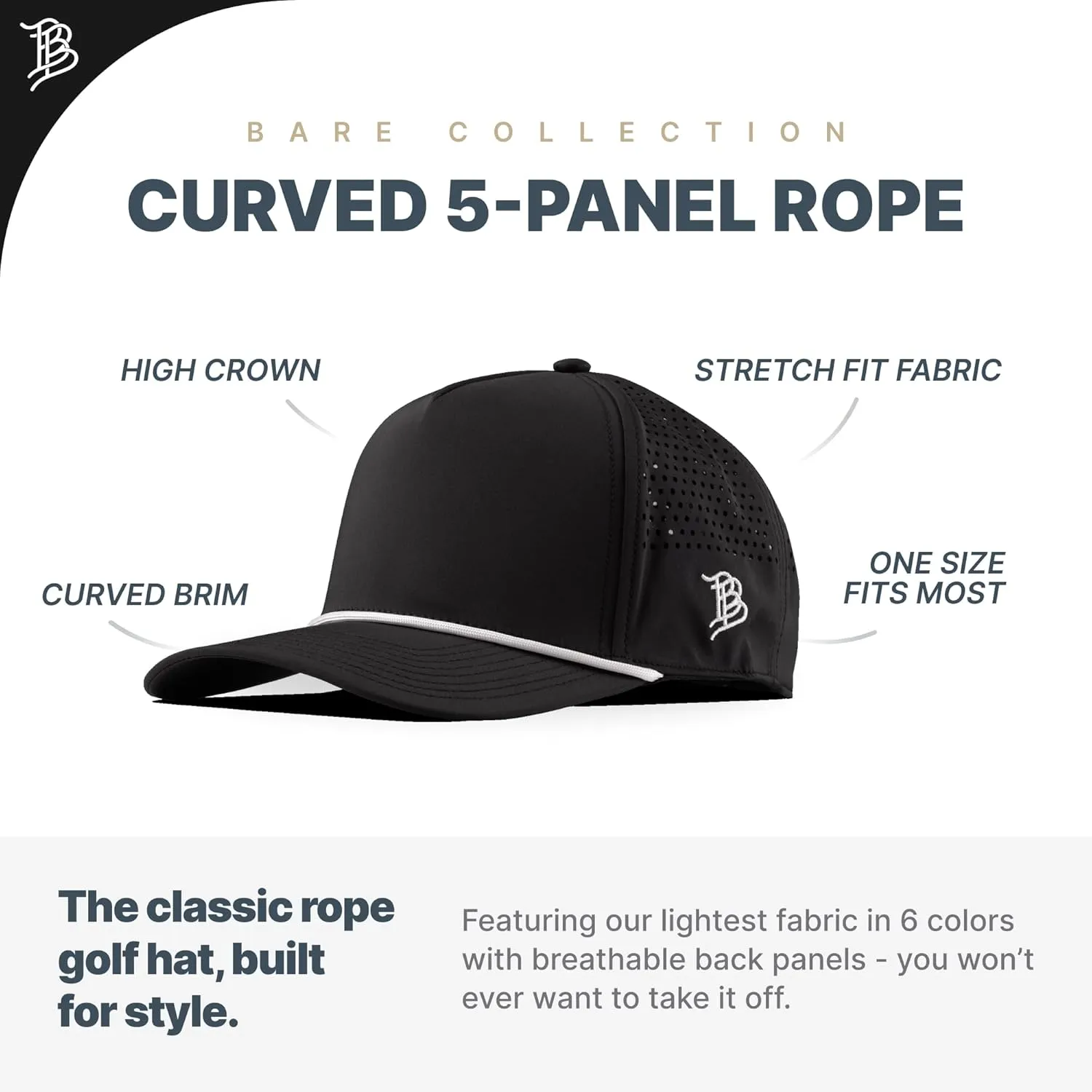 Branded Bills Bare Curved 5 Panel Rope Hat, Adjustable Snapaback, Fitted Style | Lightweight, Comfort Stretch, Quick Dry Cap