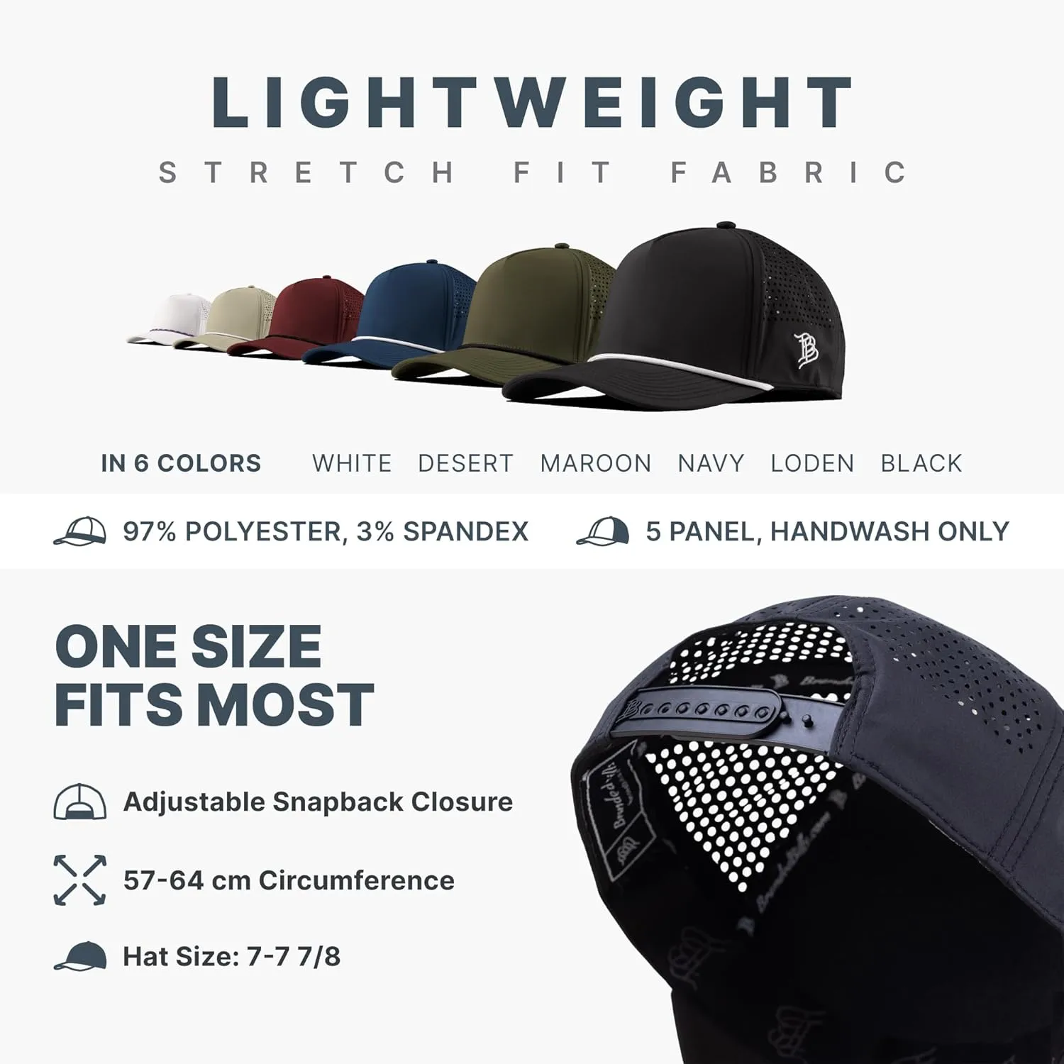 Branded Bills Bare Curved 5 Panel Rope Hat, Adjustable Snapaback, Fitted Style | Lightweight, Comfort Stretch, Quick Dry Cap