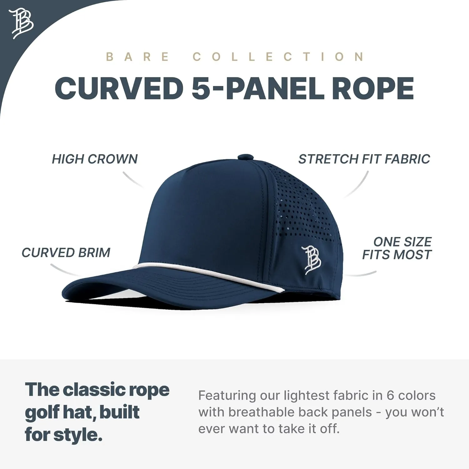 Branded Bills Bare Curved 5 Panel Rope Hat, Adjustable Snapaback, Fitted Style | Lightweight, Comfort Stretch, Quick Dry Cap