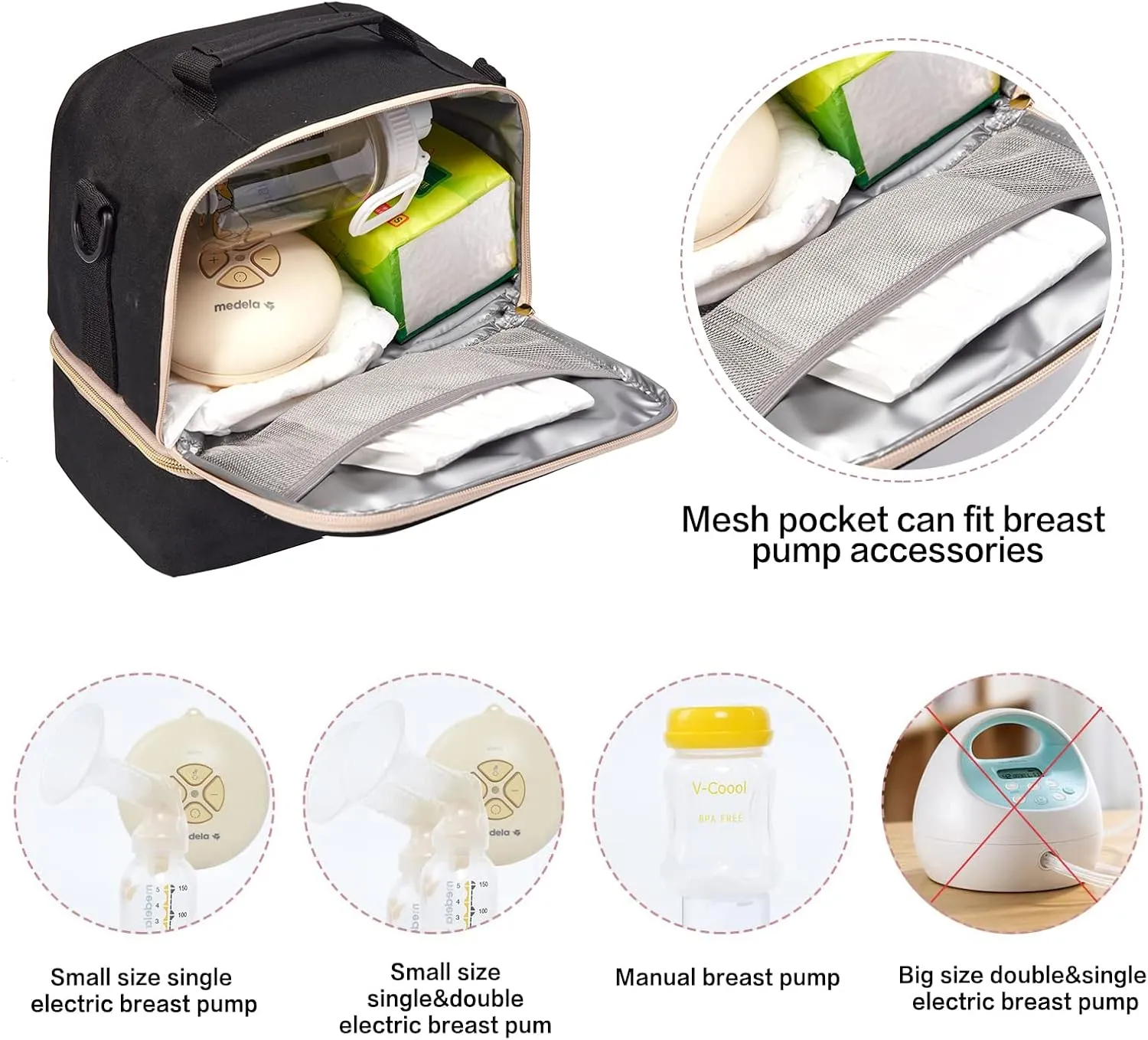 Breast Pump Bag Cooler Compartment for Breast Pump - Cooler and Moistureproof Bag Double Layer for Mother Breast Milk Pump Lunch Bag Outdoor Working (Black)
