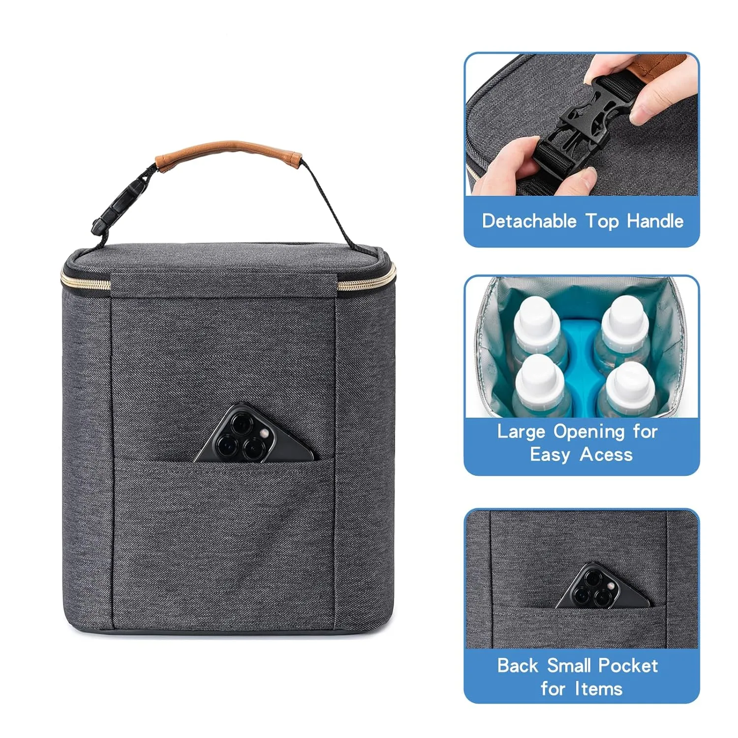 Breastmilk Cooler Bag with Ice Pack Fits 4 Baby Bottles Up to 9 Ounce, Baby Bottle Bag for Nursing Mom Daycare-Grey