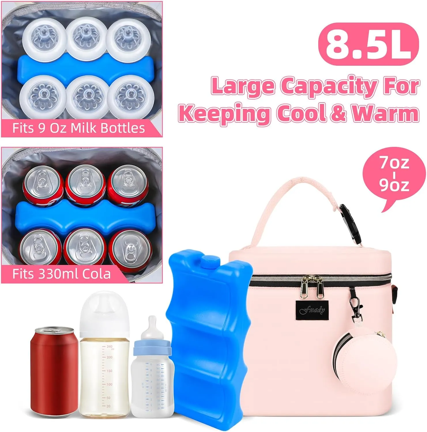 Breastmilk Cooler Bag with Ice Pack, Insulated Baby Bottle Tote Bag for 6 Bottles Up to 9 oz, Clip-On Pouch for Baby Essentials, Leakproof, Waterproof, Shoulder Strap for Nursing Moms
