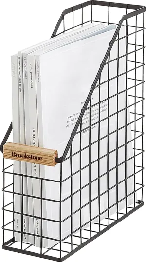 Brookstone BKH8001 Magazine & File Holder, Office Desk Open Design. Premium Metal Structure, Newspaper Storage Bin, Workspace Organization Accessory, Black
