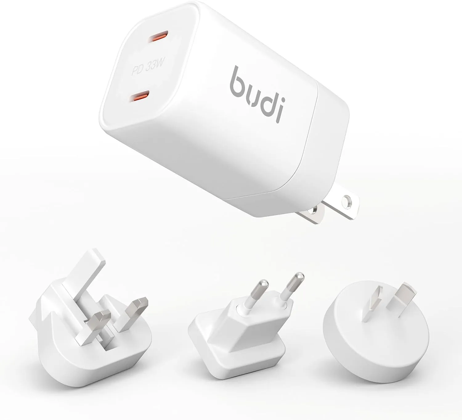 BUDI PD3.0 33W GaN Foldable Plug Adapter USB Ultra-Thin Portable Wall-Mounted Travel Power Fast Charger,Adapter for MacBook,Microsoft Surface Go,Laptop,for iPhone iPad (2 USB-C Ports)