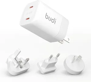BUDI PD3.0 33W GaN Foldable Plug Adapter USB Ultra-Thin Portable Wall-Mounted Travel Power Fast Charger,Adapter for MacBook,Microsoft Surface Go,Laptop,for iPhone iPad (2 USB-C Ports)