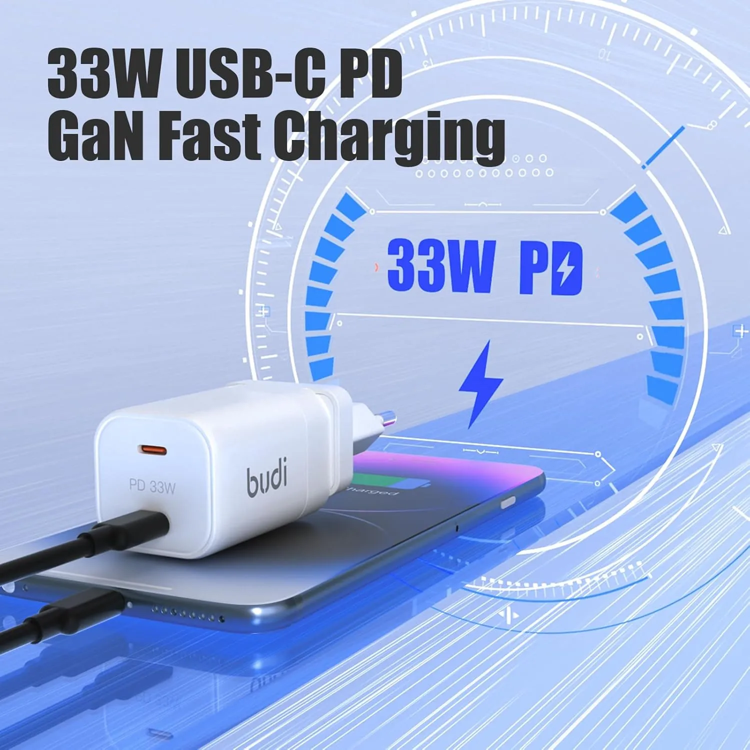 BUDI PD3.0 33W GaN Foldable Plug Adapter USB Ultra-Thin Portable Wall-Mounted Travel Power Fast Charger,Adapter for MacBook,Microsoft Surface Go,Laptop,for iPhone iPad (2 USB-C Ports)