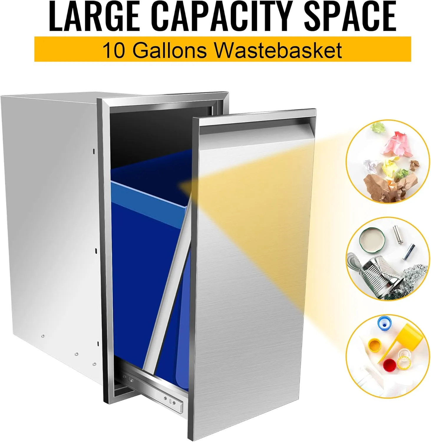 Built-in Single Trash Drawer 14" W x 27" H x 20" D, Pull-Out Tray Outdoor Kitchen Stainless Steel Trash Drawer Storage One Trash Bin for BBQ Island Grill Station