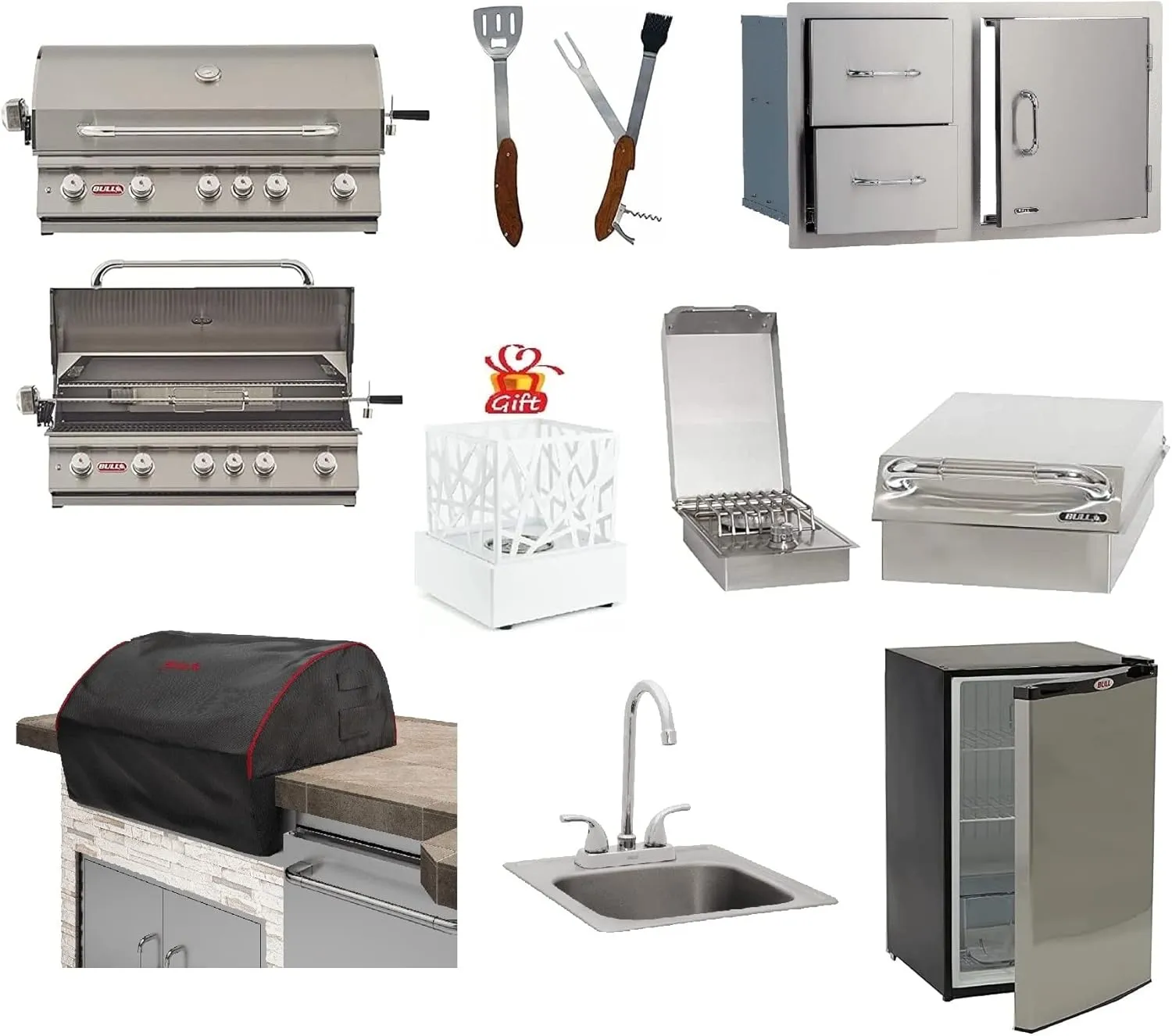 Bull Brahma 38" Natural Gas Grill set with Single Side Burner, Stainless Steel Sink, Grill Cover, Refrigerator, Door/Drawer Combo w/ 5 in 1 BBQ Tool Set | FREE Bio-Ethanol Table-top Fire pit