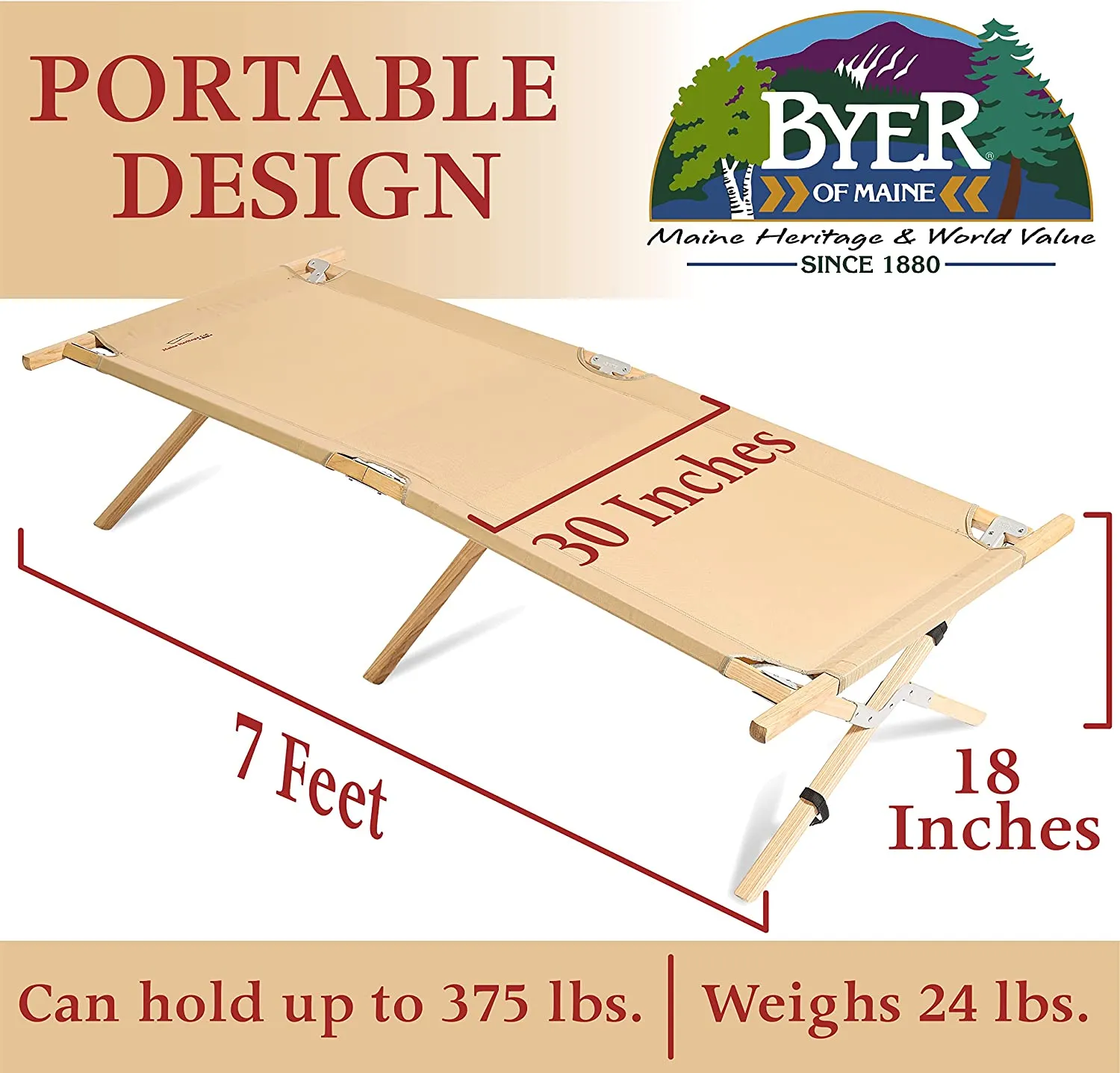 Byer of Maine - Maine Heritage Cot - Wood Cot - Heavy Duty Camp Cot - 84"L x 31"W x 18"H