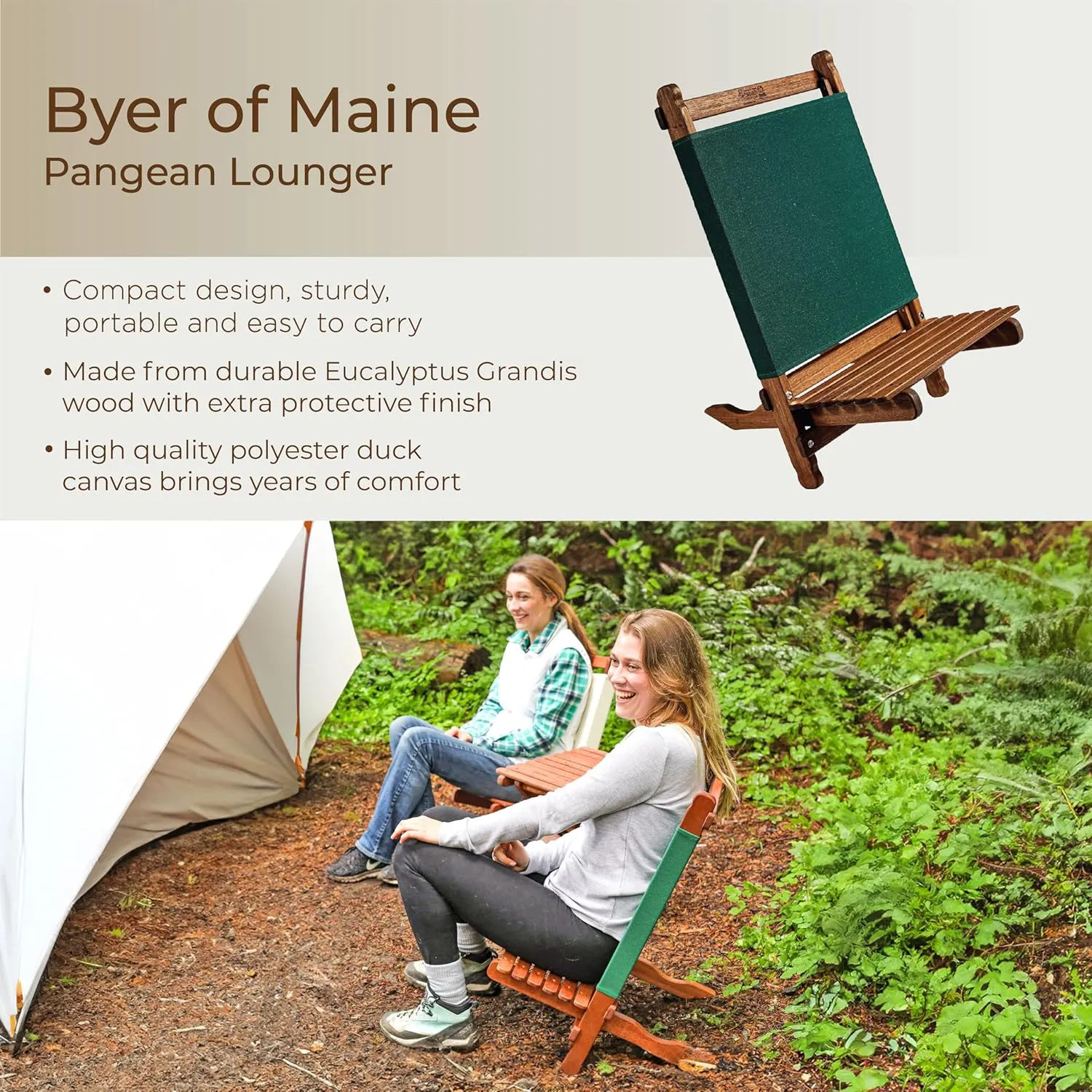 BYER OF MAINE Pangean Lounger - Durable and Portable Camping Chair, Patio Chair, Outdoor Lounger, Foldable Chair and Space Saving Furniture - Wood, Holds Up to 225 pounds, Pre-Assembled, Green