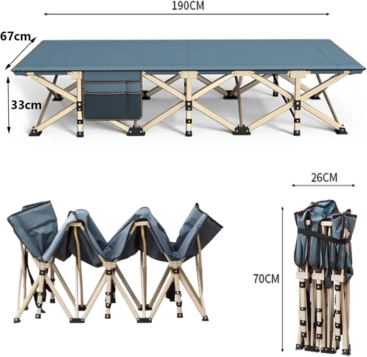 Camp Bed for Adults, Heavy Duty Portable Fold Cot for Outdoor 190x67cm Extra Wide Sleeping Cot Compact Guest Bed Foldable with Side Pocket for Fishing/Picnic/Office(Blue)