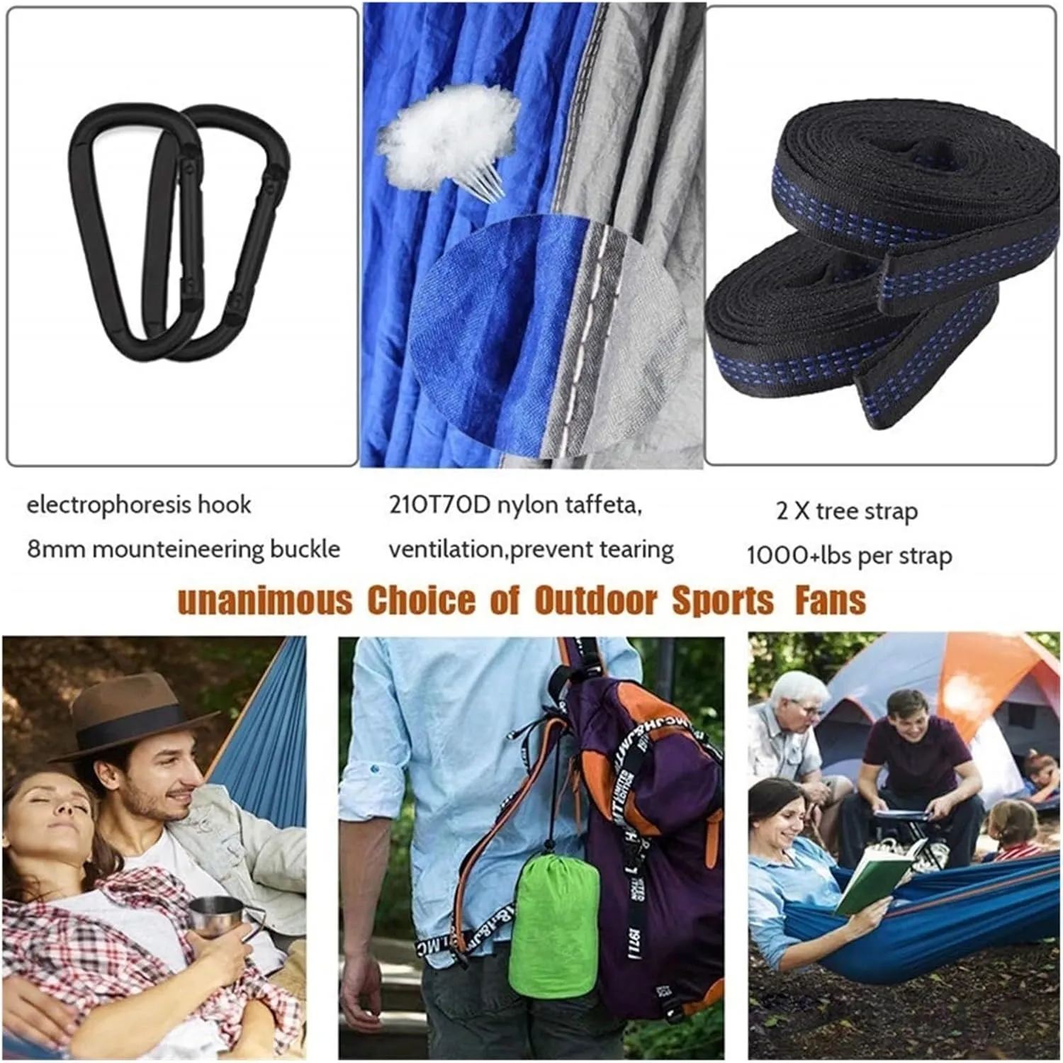 Camp Camping Hammock with Mosquito Net Portable Parachute 6 Strap Double Travel Hammock,Outdoor Backpacking Hammock Swing Chair Strong, Black