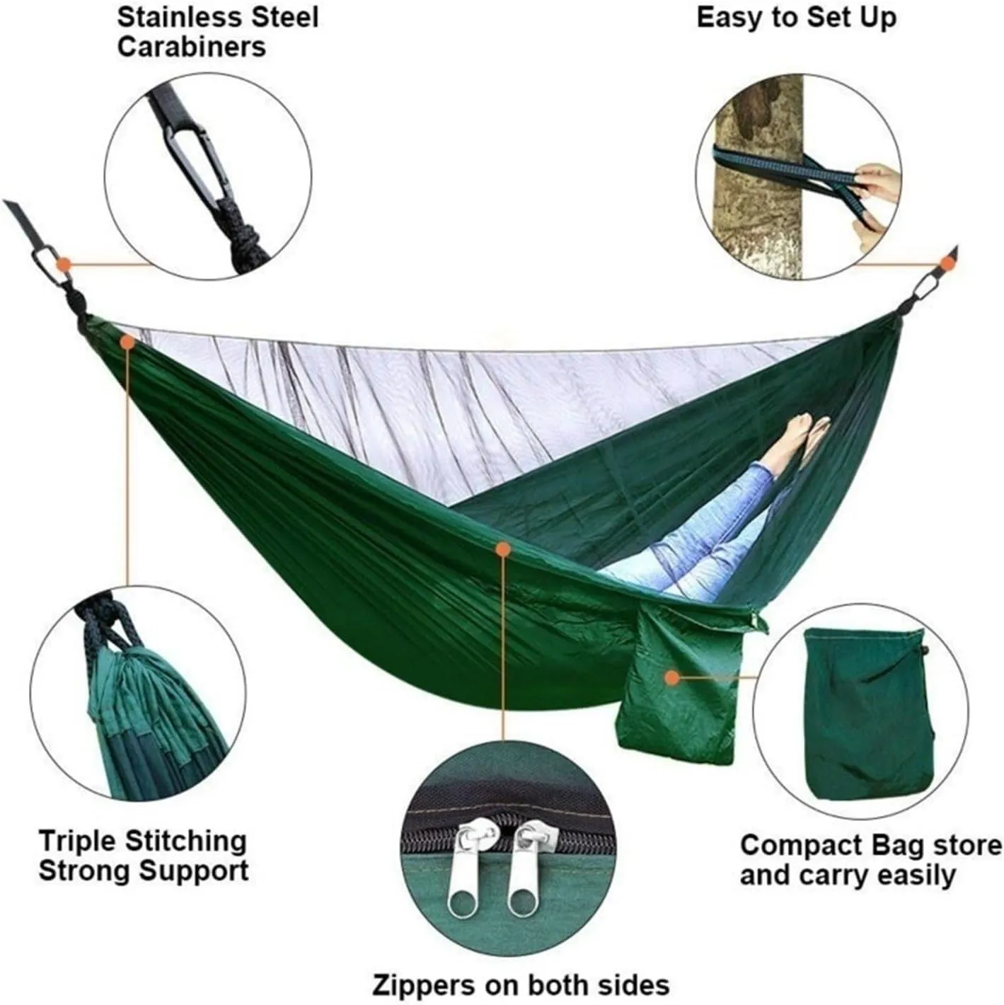 Camp Camping Hammock with Mosquito Net Portable Parachute 6 Strap Double Travel Hammock,Outdoor Backpacking Hammock Swing Chair Strong, Black