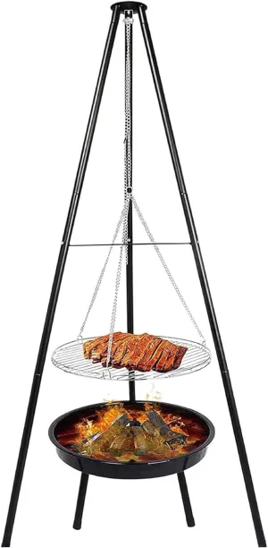 Camp Fire Tripod for Cooking, Stainless Steel Camping Fire Grill with Adjustable Chain, 18.5" Stainless Grill Grate for Camping Hiking BBQ