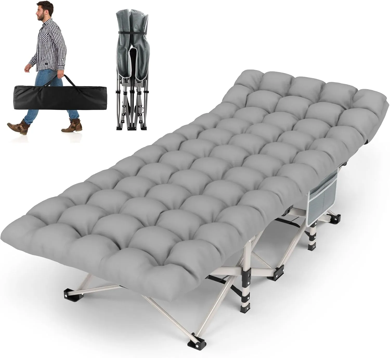 Camping Cot for Adults, Heavy-Duty Portable Cot Bed with Mattress, Foldable Padded Sleeping Cots for Camping Travel, Black