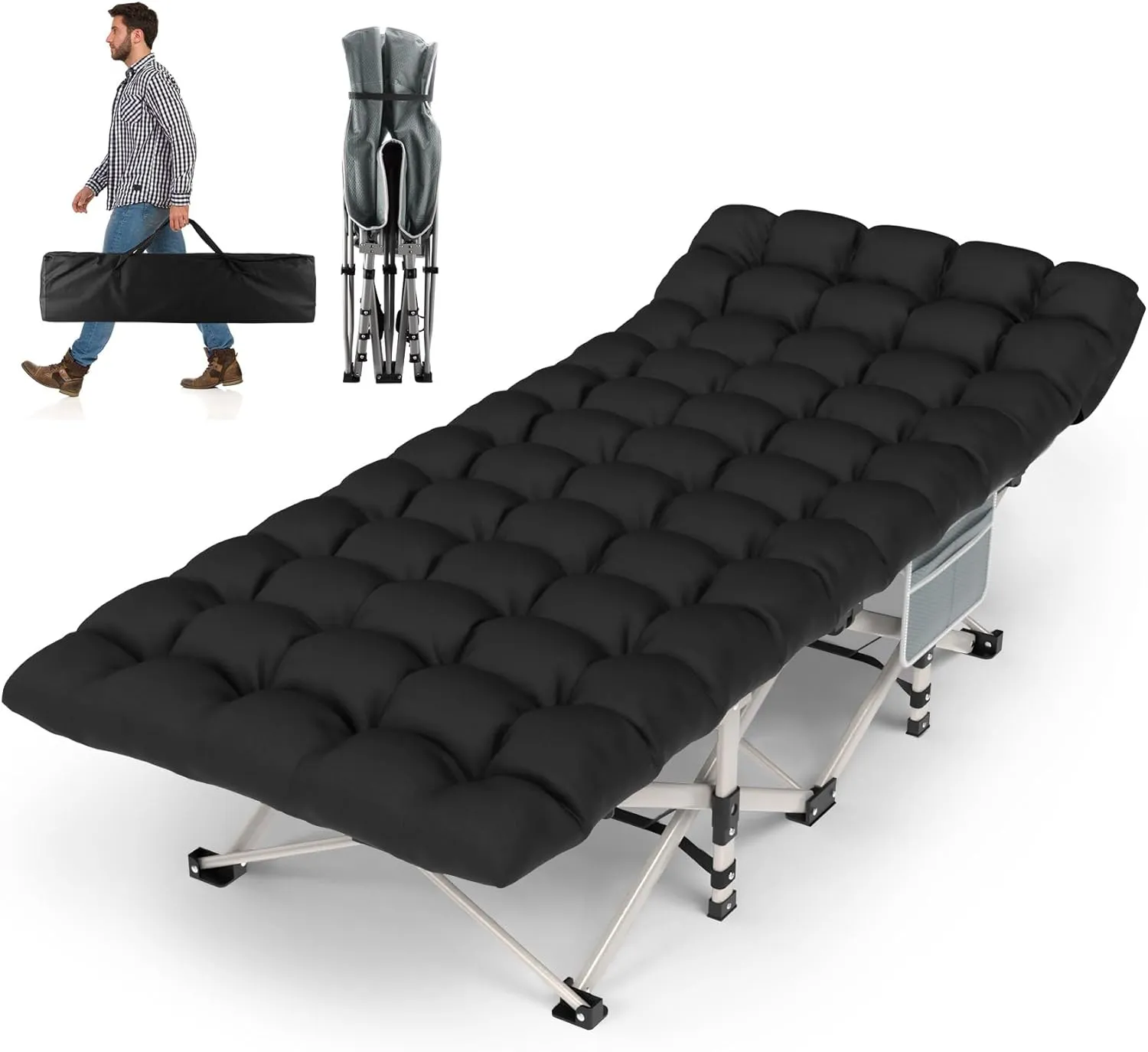 Camping Cot for Adults, Heavy-Duty Portable Cot Bed with Mattress, Foldable Padded Sleeping Cots for Camping Travel, Grey