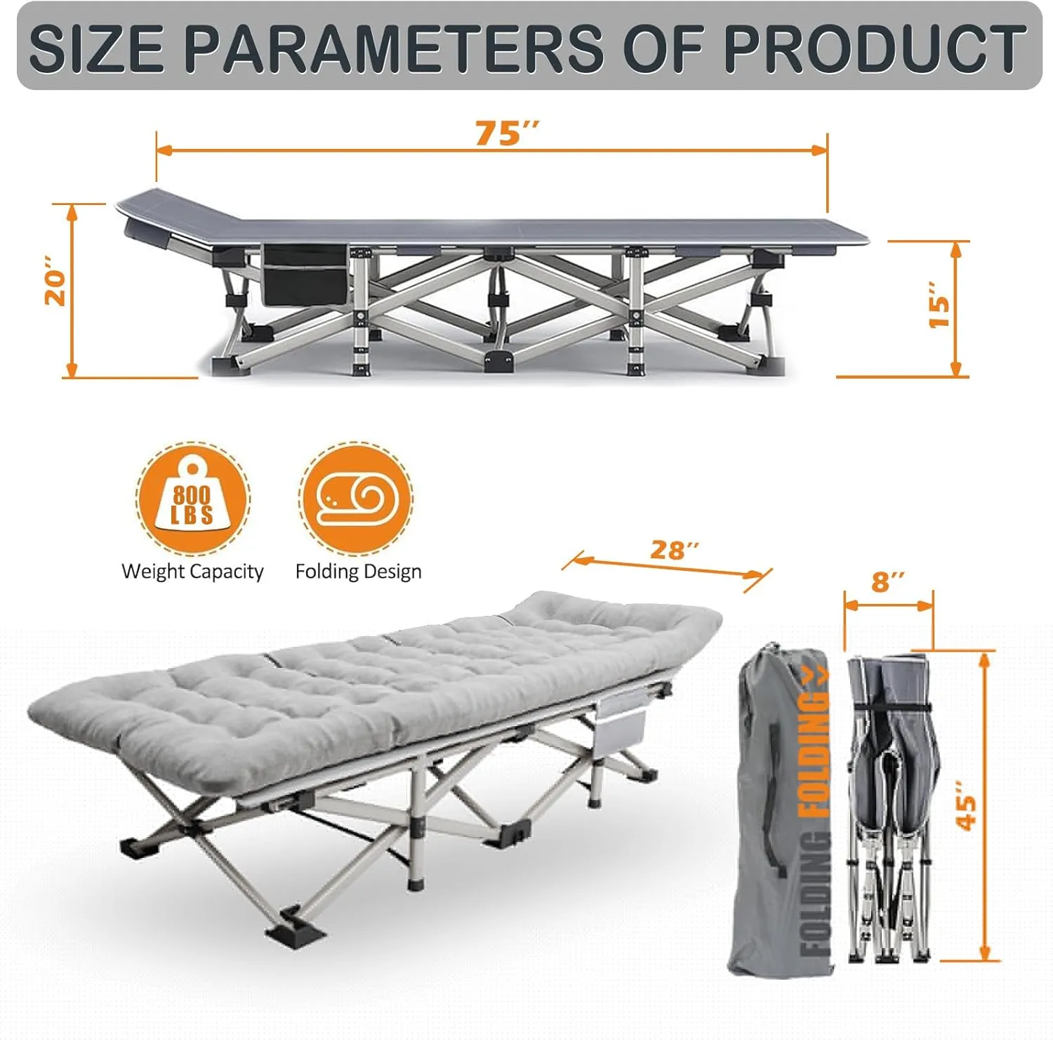 Camping Cot with Comfortable Mattress, 1 Pack Folding Camping Cots, Cots for Sleeping Camping Bed Heavy Duty Folding Cot with Carry Bag (1, Grey cot Grey Mattress)