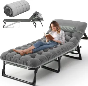 Camping Cot with Mattress, 4-Position Folding Camping Bed Hold up 330lbs, Portable Sleeping Cot for Camp, Beach, Patio, Sun Tanning, Poolside - Grey