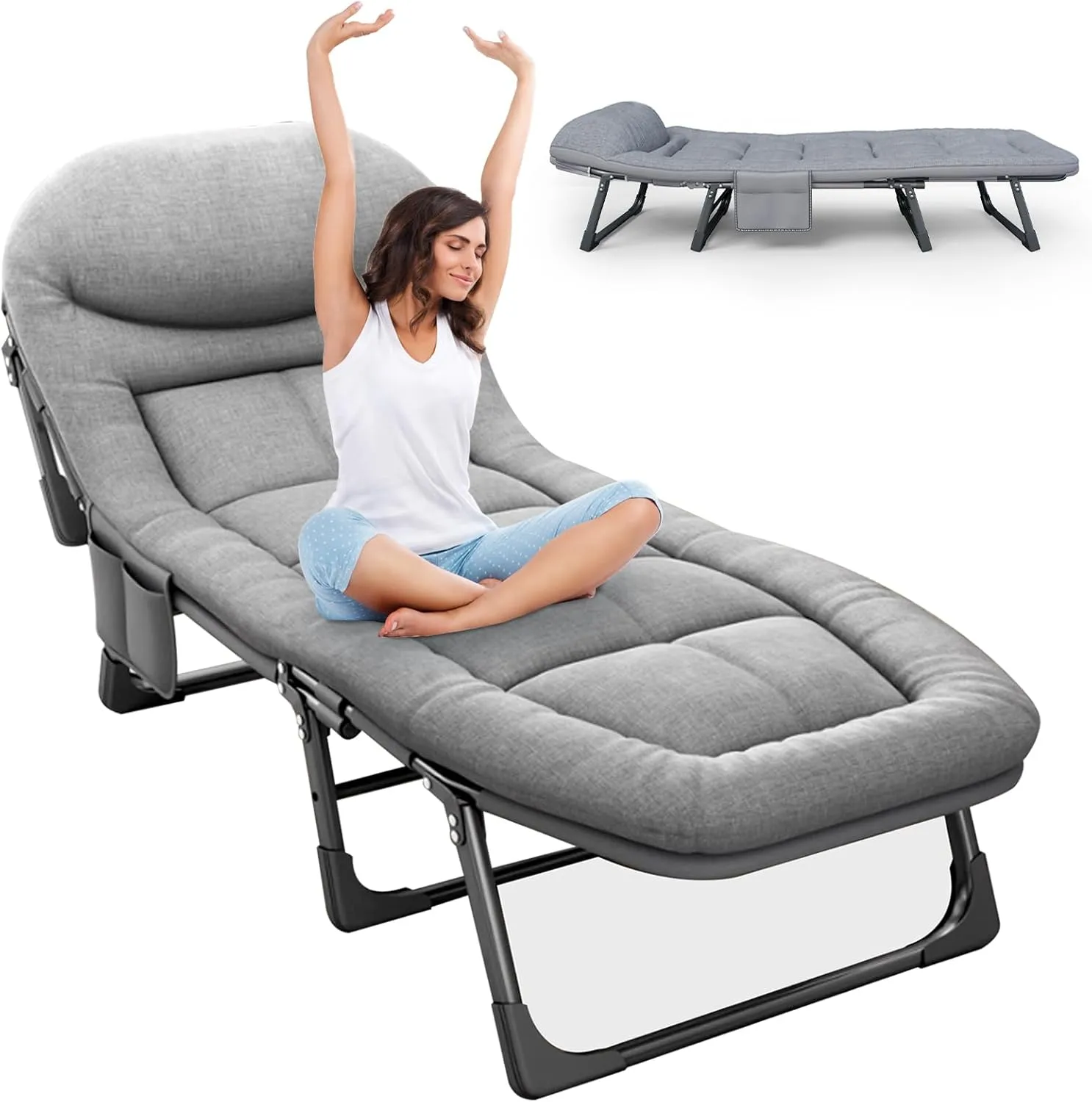 Camping Cots for Adults with 6 Adjustable Positions Portable Folding Sleeping Cot with Pillow Heavy Duty Strong Frame Cot Bed for Camp, Travel, Room, Office (Grey, Large-74 in)