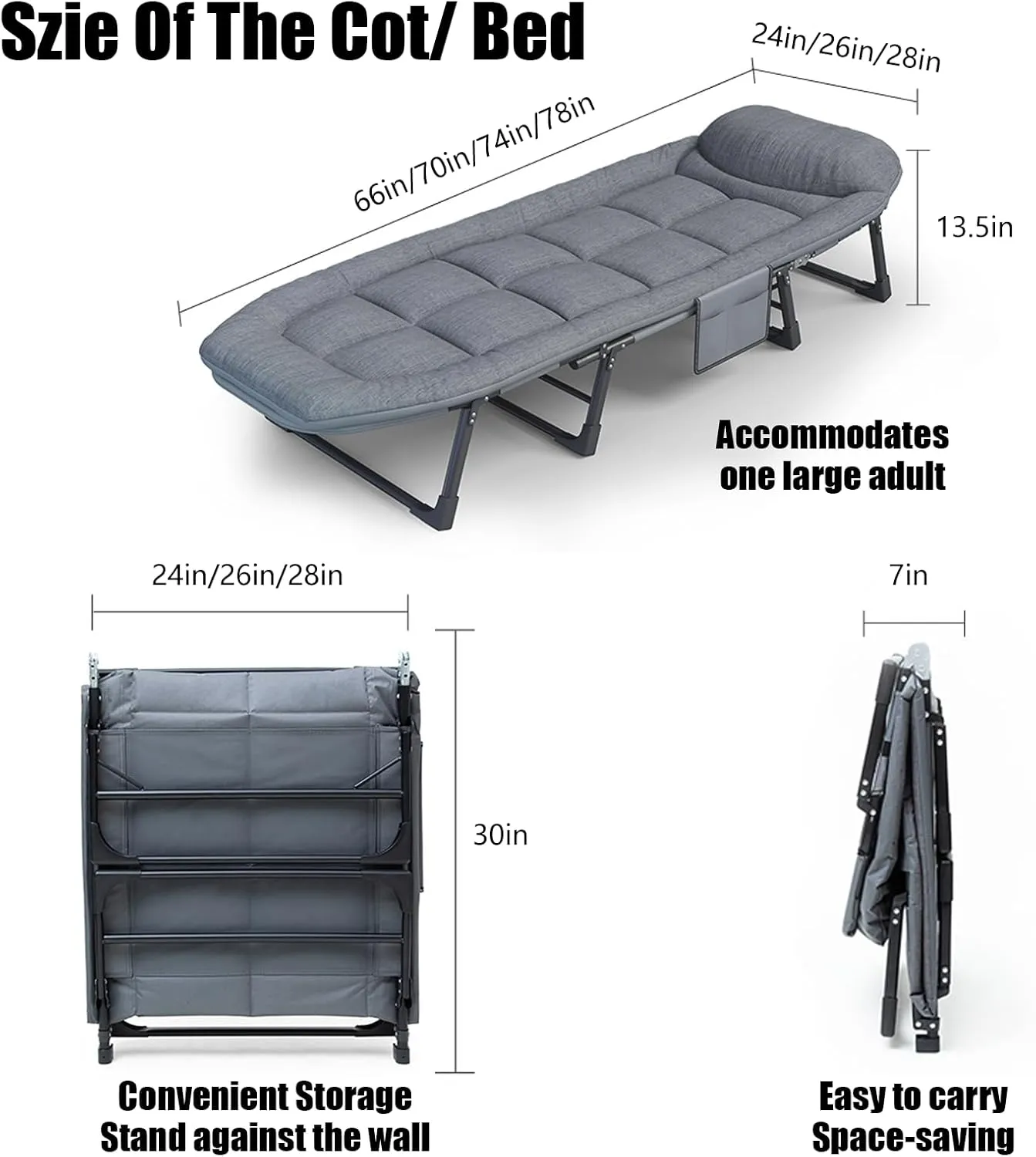 Camping Cots for Adults with 6 Adjustable Positions Portable Folding Sleeping Cot with Pillow Heavy Duty Strong Frame Cot Bed for Camp, Travel, Room, Office (Grey, Large-74 in)