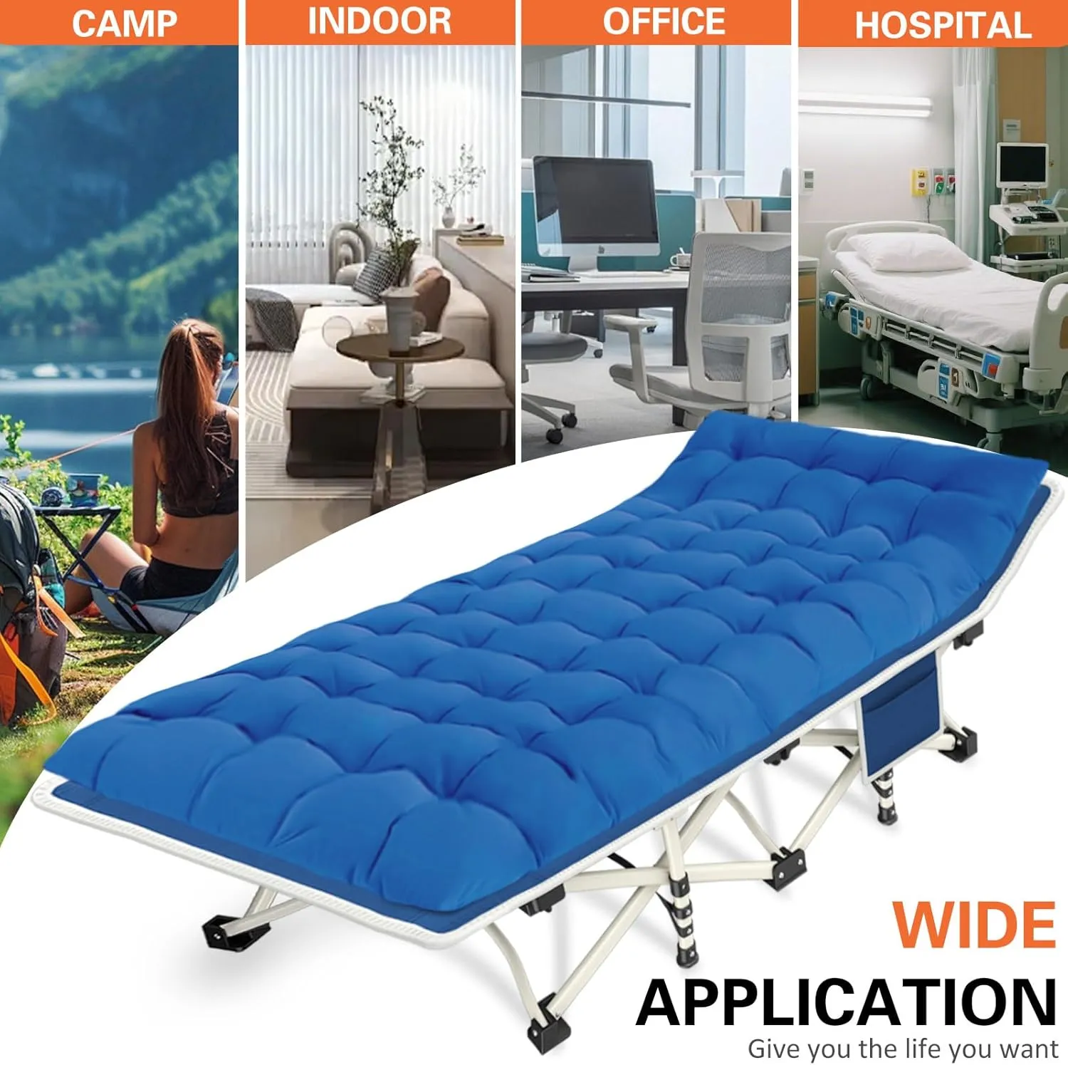 Camping Cots with Comfortable Mattress Sleeping Bed for Camping Folding Cot with Pad Heavy Duty Sleeping Cot with Carry Bag Guest Cots for Adults Easy to Set Up Office Nap Vacation Outdoor Indoor