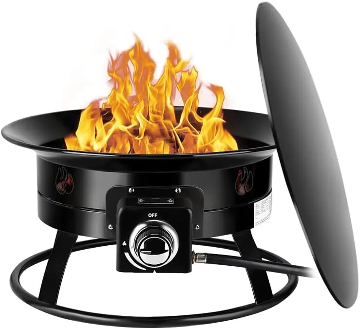 Camplux Portable Propane Gas Fire Pit, Outdoor Gas Fire Bowl with Cover, Carry Kit and Natural Lava Rocks, Auto-Ignition 19 Inch Diameter