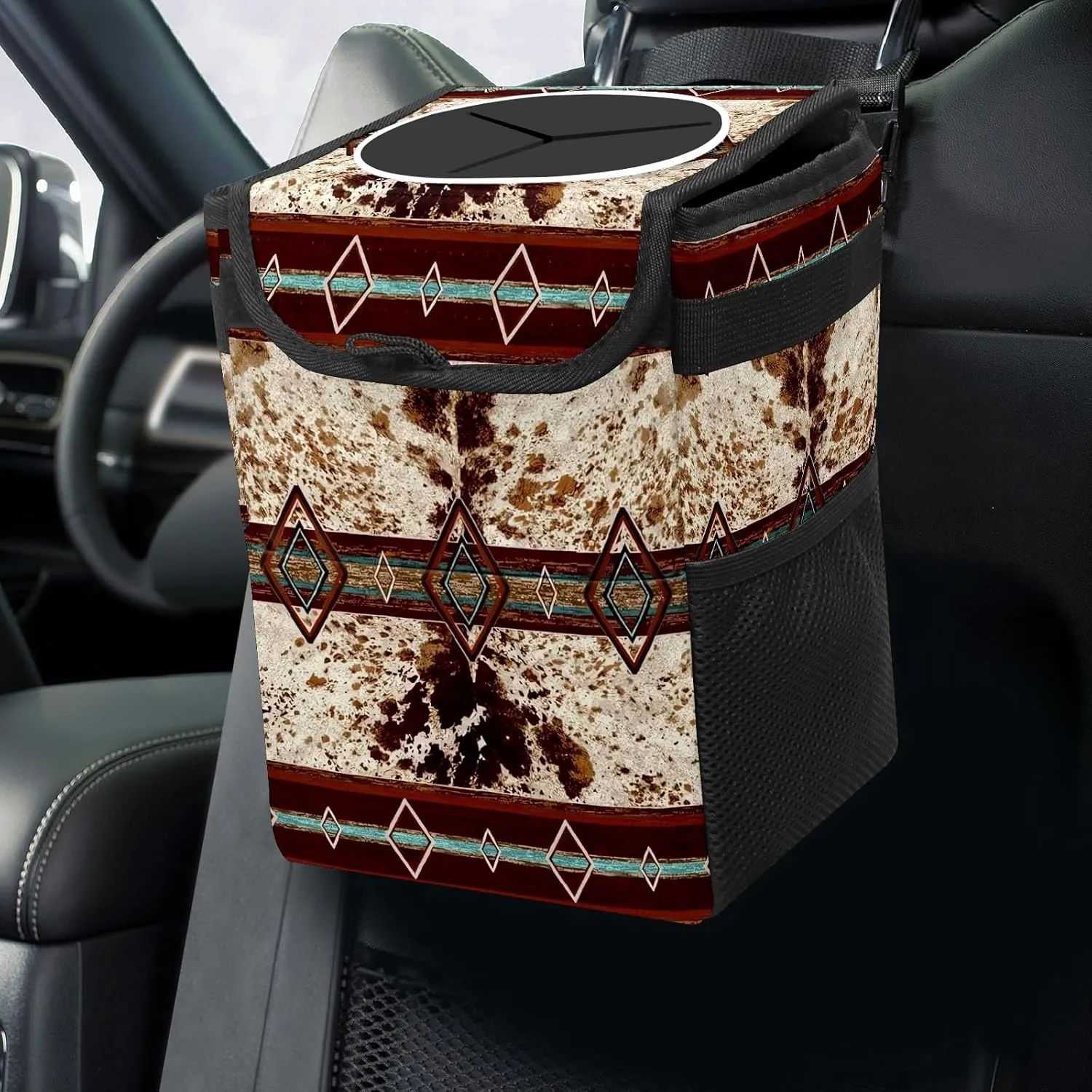 Car Trash Can with Lid Western Cowhide Aztec Collapsible Reusable Leak-Proof Auto Garage Bag,Hanging Vehicle Car Accessories Interior Car Organizer