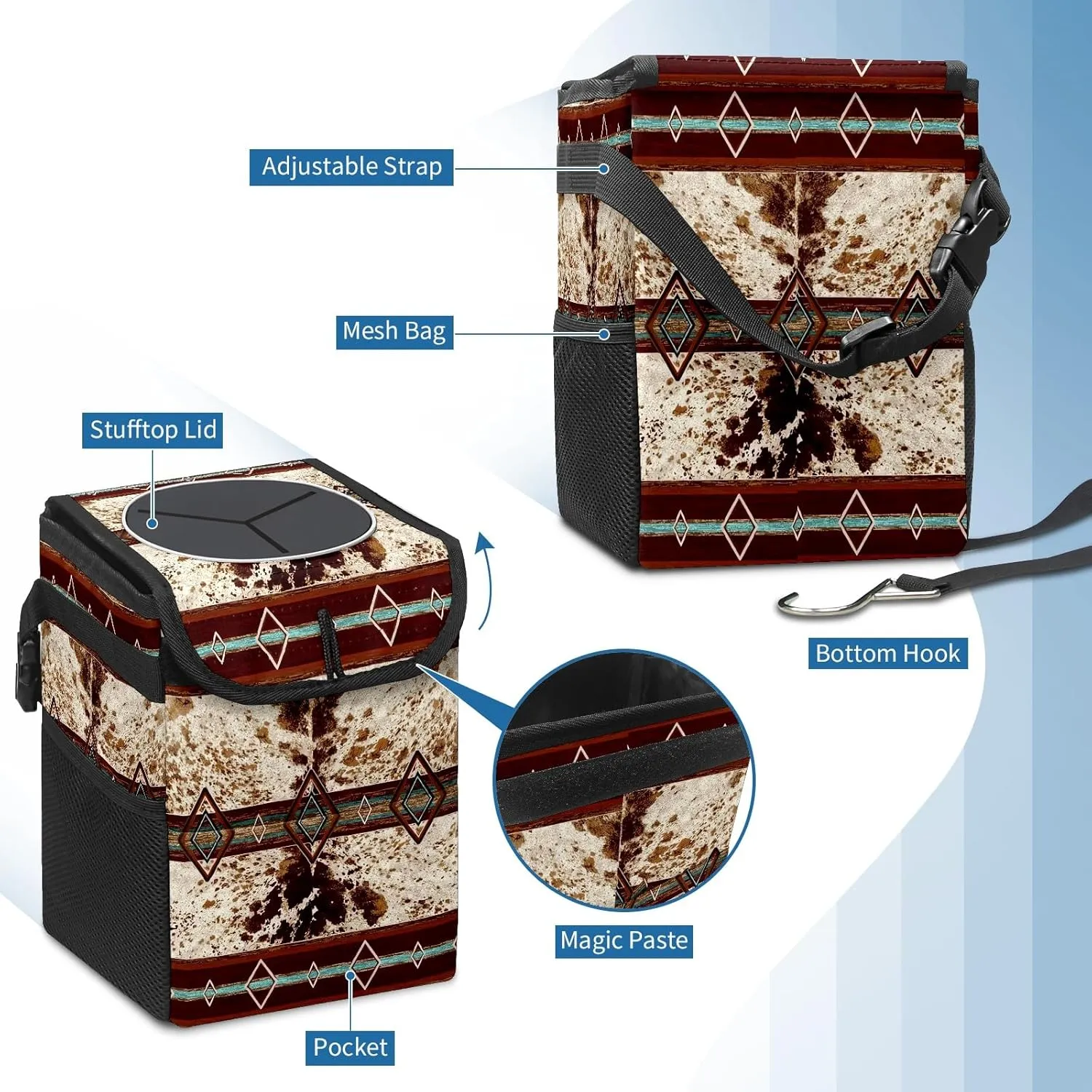 Car Trash Can with Lid Western Cowhide Aztec Collapsible Reusable Leak-Proof Auto Garage Bag,Hanging Vehicle Car Accessories Interior Car Organizer