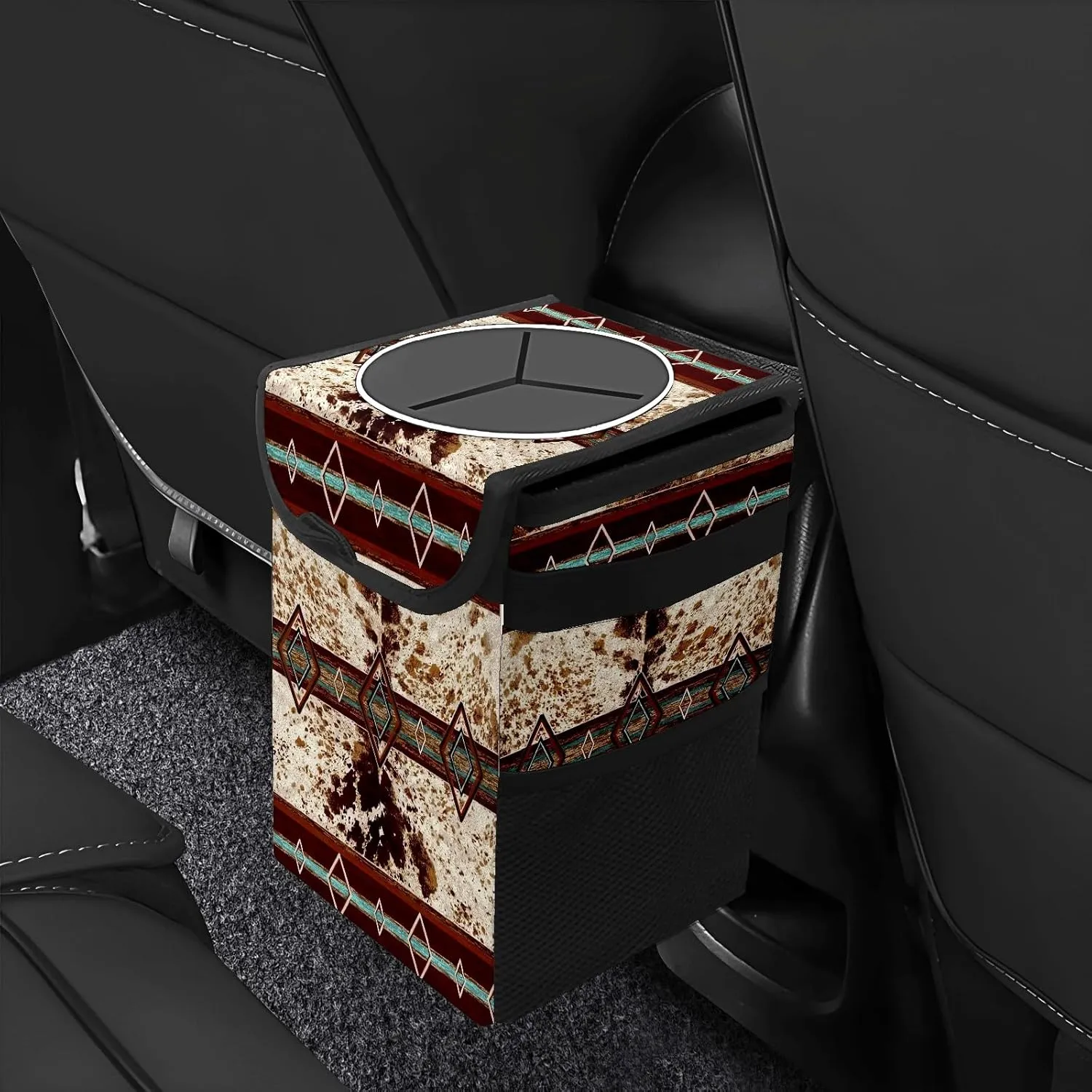 Car Trash Can with Lid Western Cowhide Aztec Collapsible Reusable Leak-Proof Auto Garage Bag,Hanging Vehicle Car Accessories Interior Car Organizer