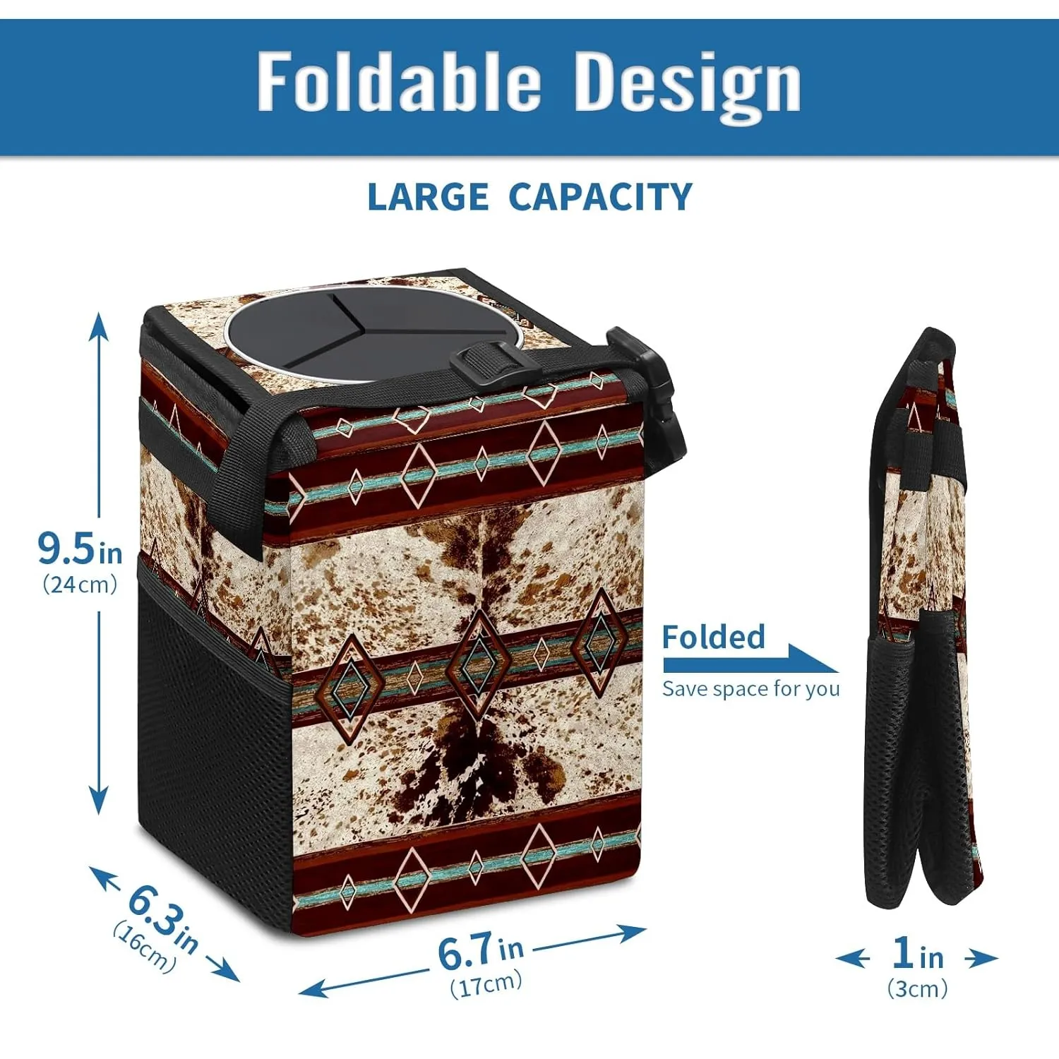 Car Trash Can with Lid Western Cowhide Aztec Collapsible Reusable Leak-Proof Auto Garage Bag,Hanging Vehicle Car Accessories Interior Car Organizer